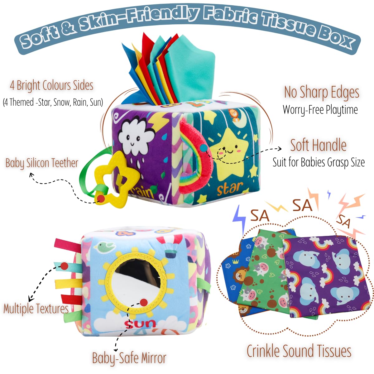 Vamotto Tissue Box Toy for Baby Montessori Sensory Pull Toy with 12 Durable Cloth Scarves & Crinkle Paper for 6-12 Months Infants - Image 3