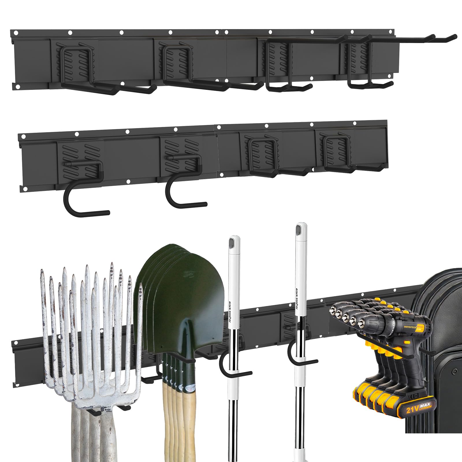 Garage Tool Organizer Wall Mount, 64 Inch Heavy Duty Garden Tool Organizer Storage System, Easy Install with 8 Adjustable Hooks, for Garage, Basement, Shed, Workshop, Black, Steel