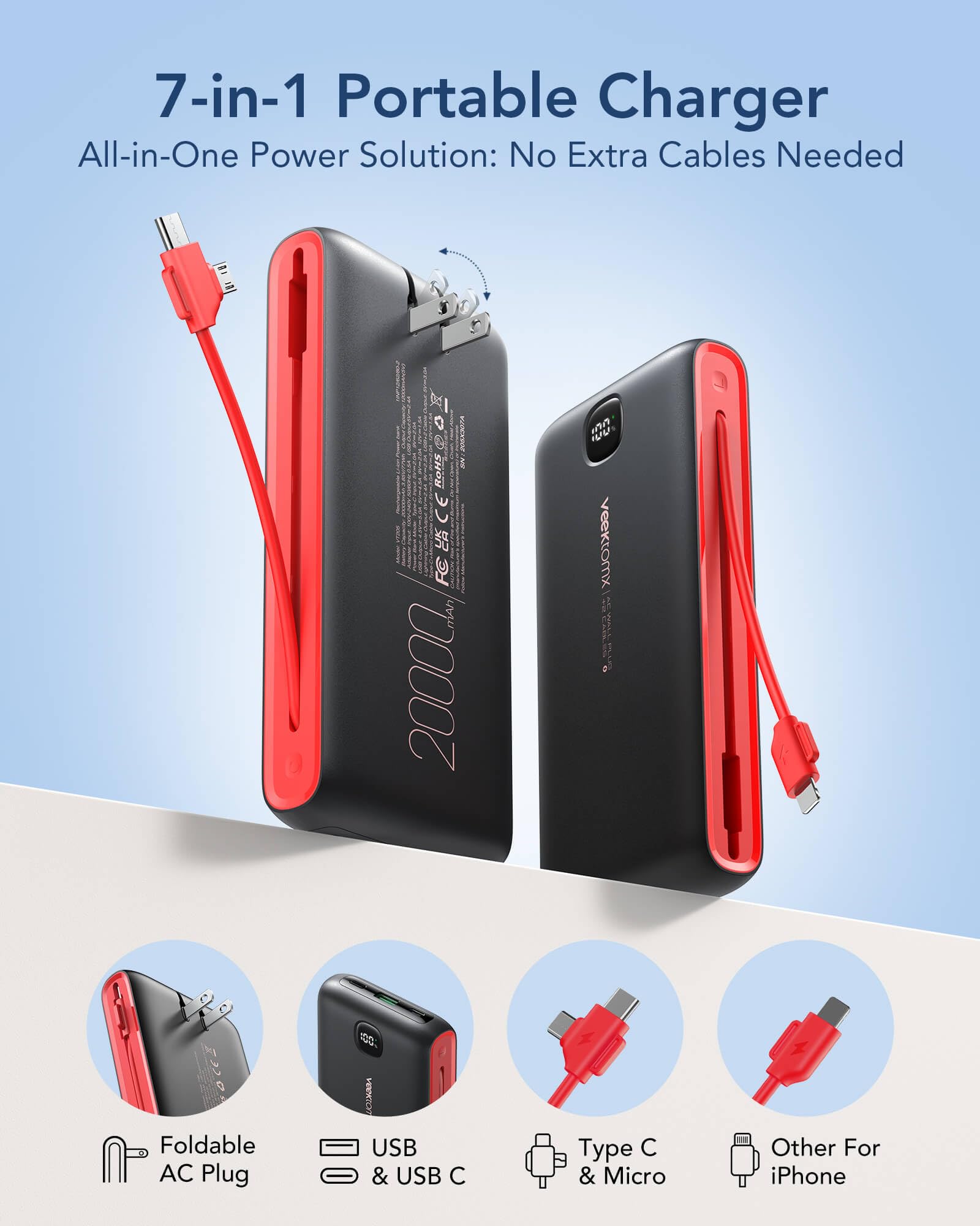 VEEKTOMX 10000mAh Portable Charger with Built-in Cables & Wall Plug view 3