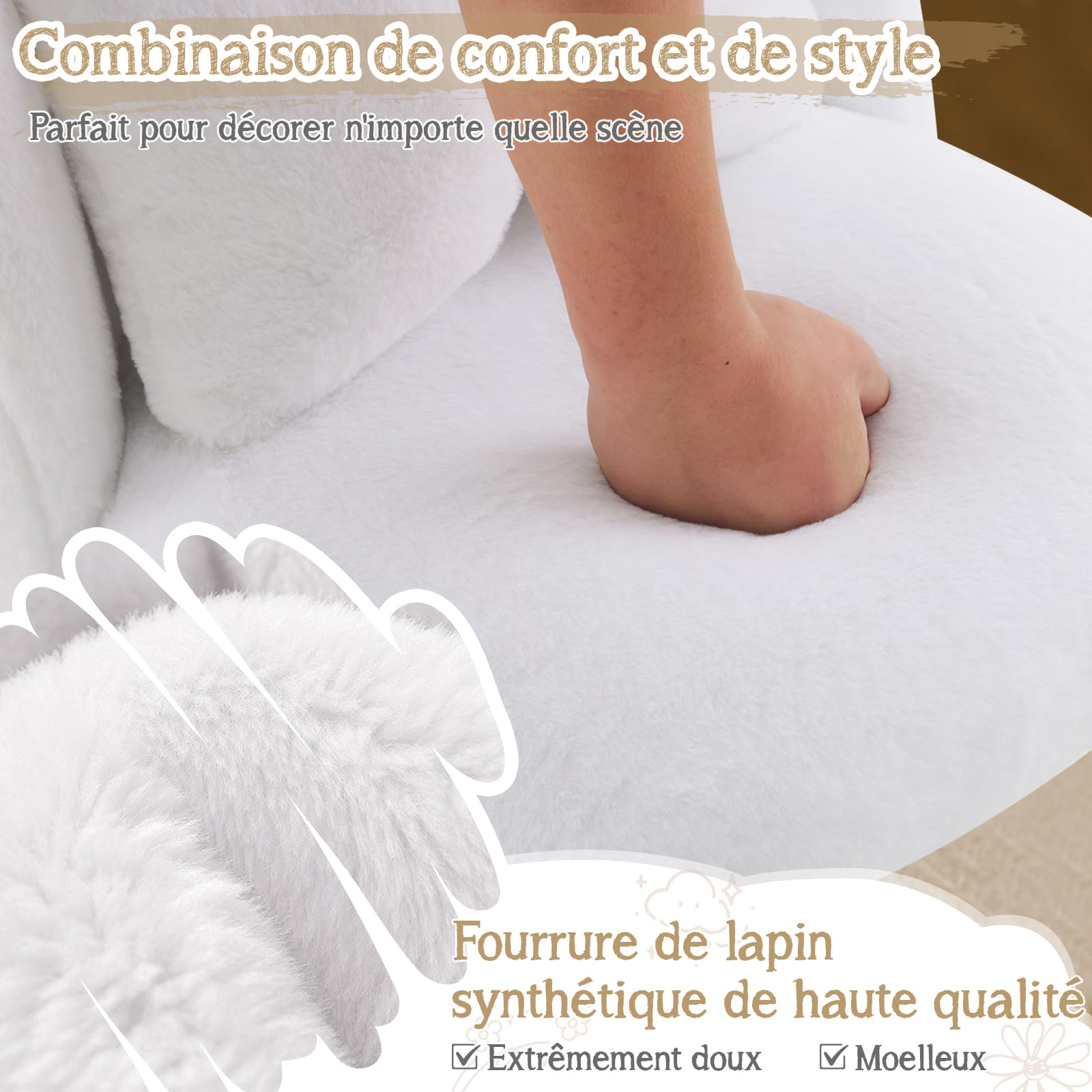 Bonnlo Poltrona Relax, Sedia da toeletta, Poltrona con Cuscino Nodo, Schienale Curvo senza Braccioli, per Soggiorno, Ufficio, Camera da letto, Peluche Coniglio, Bianco, 55 x 48 x 78,5 cm