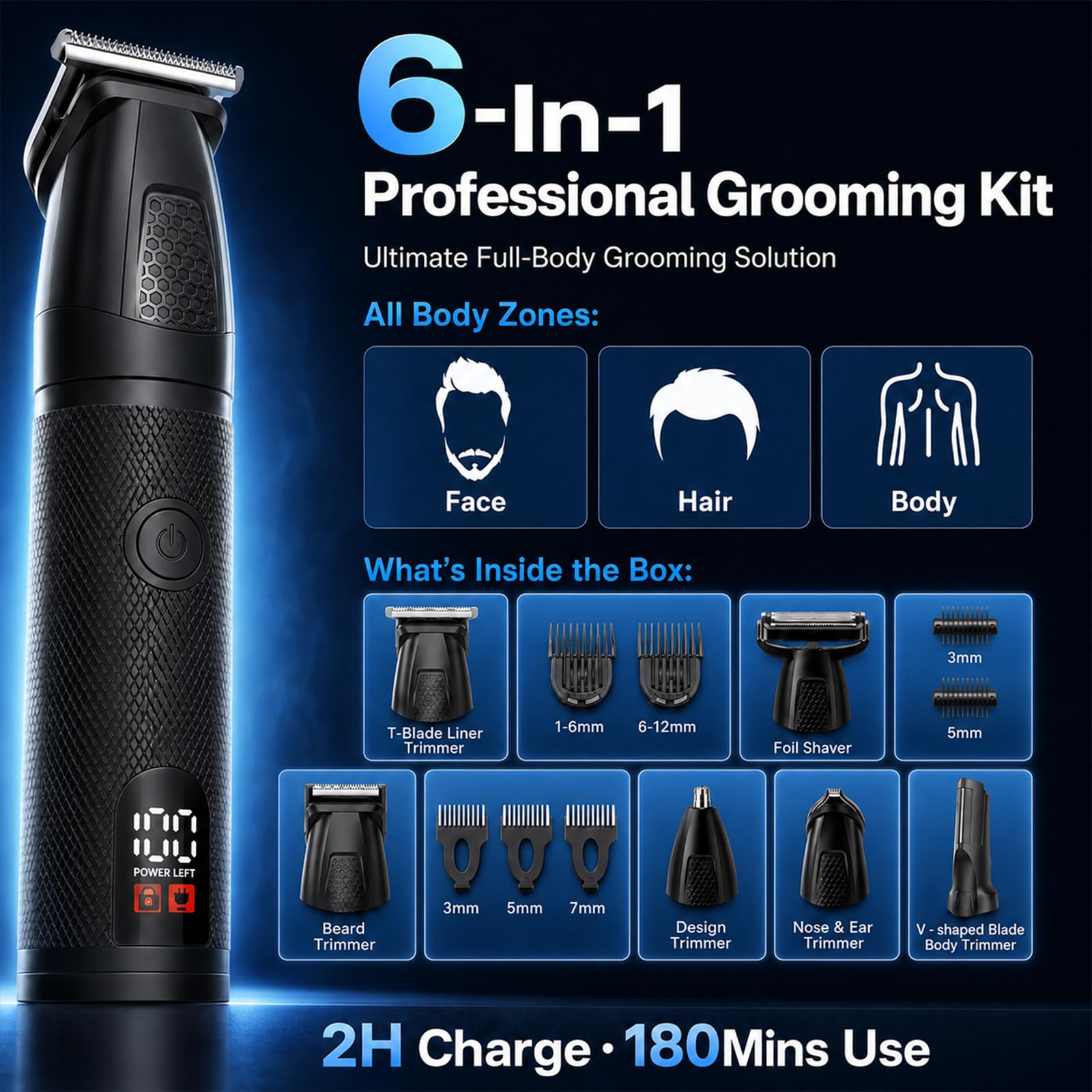 6 in 1 Rasoio Elettrico Corpo Uomo, Rifinitore per del Corpo da Uomo con Testine Magnetiche e Base di Ricarica, IPX6 Impermeabile per Viso, Capelli, Barba, Corpo, Contorni, Zone Sensibili e Intime
