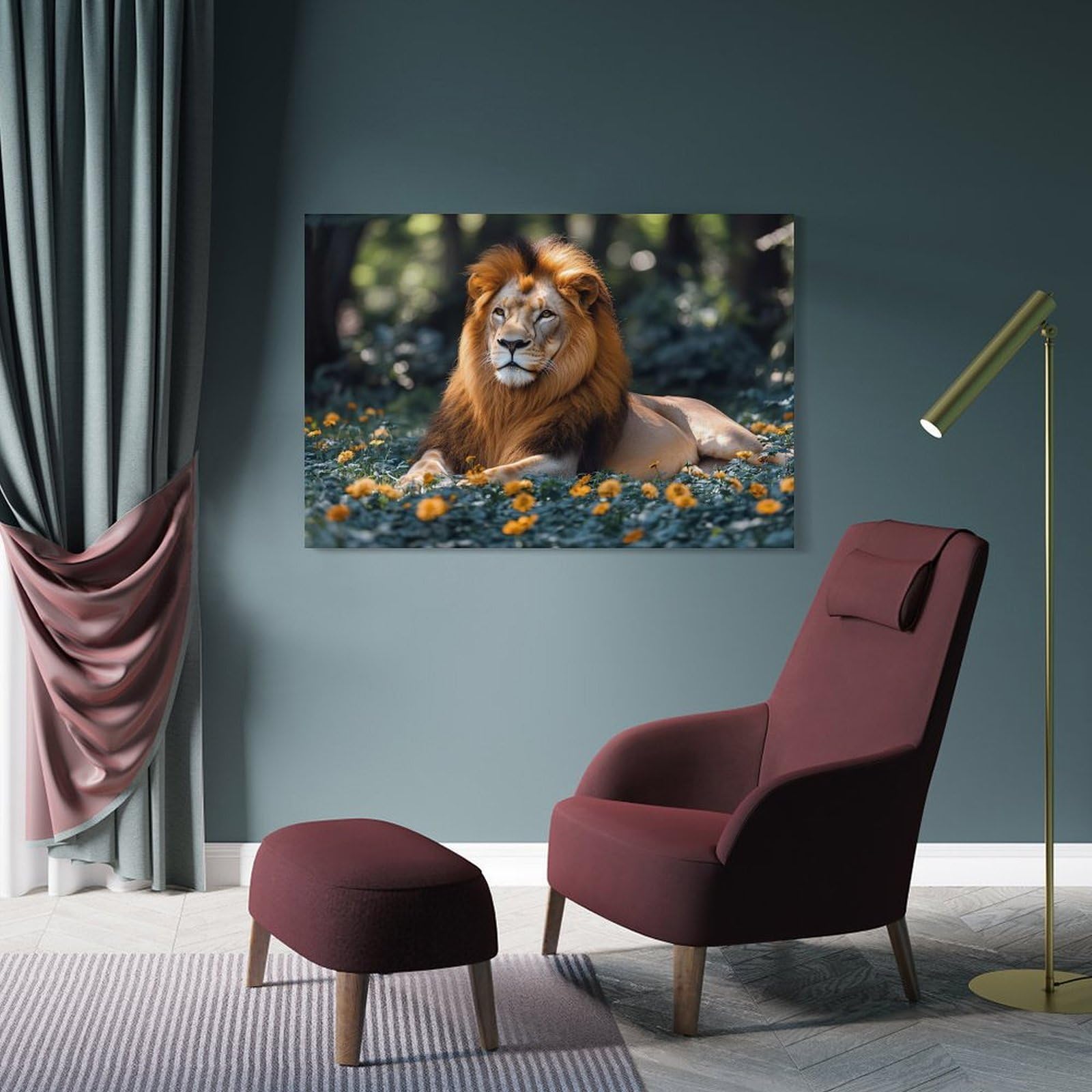 Junmoney Majestic Lion in A Floral Meadow Home Decor Wall Art, 24x36inch(60x90cm), for Wall Displays, Bedrooms Or Room Updates, Ideal for Building A Coordinated Art Wall