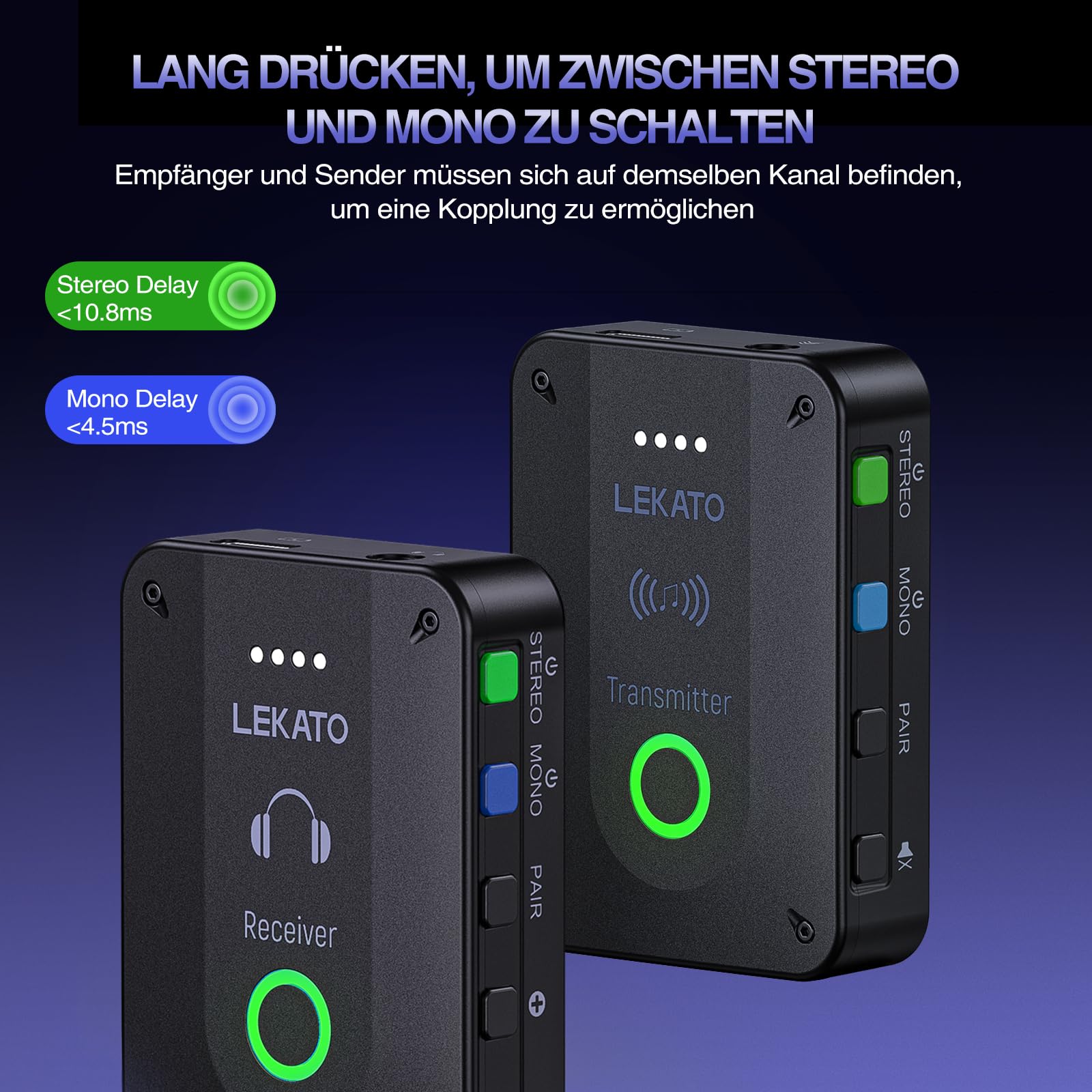LEKATO MS-02 Drahtloses In-Ear Monitoring System, Professionelles kabelloses 2.4G IEM-System mit Sender & Empfänger im Mono- und Stereo-Mode, Eins zu Mehr- geeignet für Bandproben und Live-Auftritt