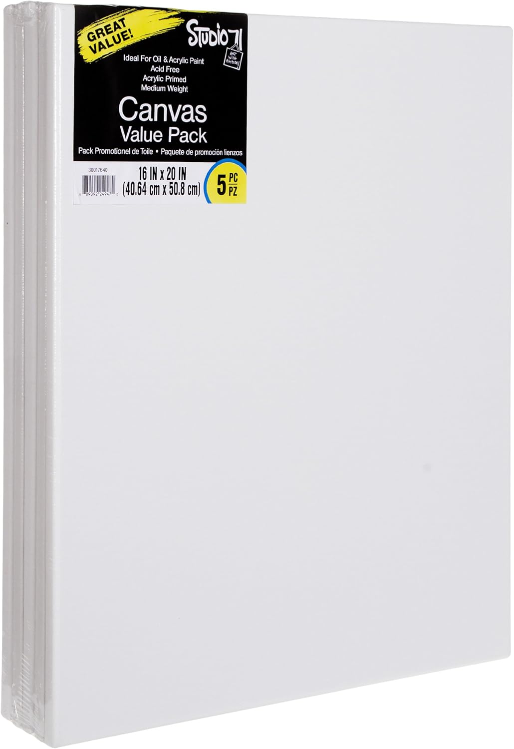 Studio 71 Medium Weight Traditional Stretched Canvas, Painting Canvas for Oil or Acrylic Paints, Triple Acrylic Primed Wood Frame Canvas, Acid-Free, Pack of 5 – 16” x 20”