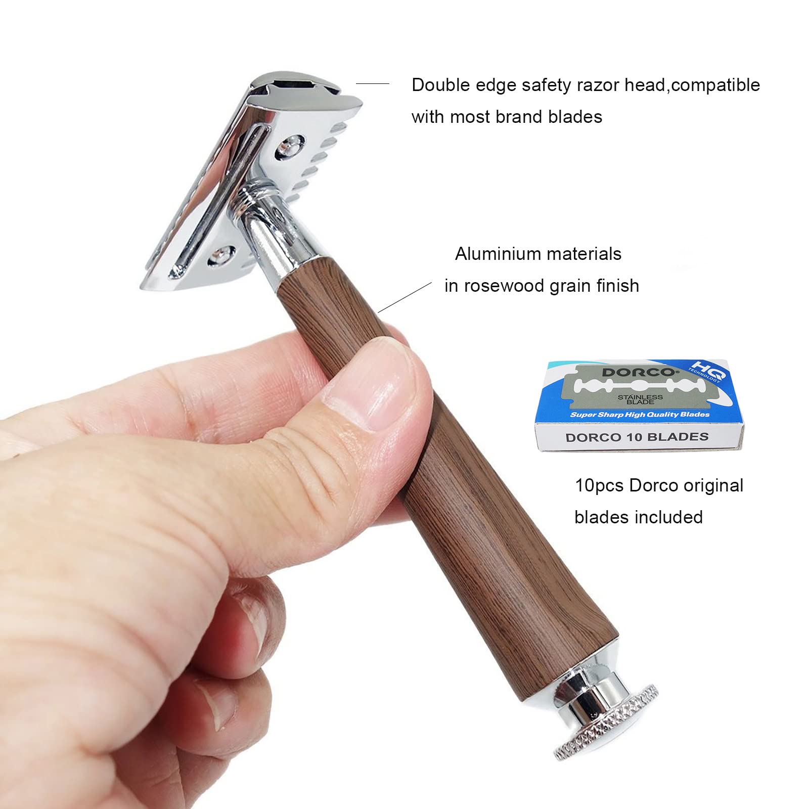Set da barba professionale per uomo, include rasoio di sicurezza per barba bagnata, 10 lame, manico in palissandro con setole di tasso, spazzola da barba e supporto per ciotola, regalo unico