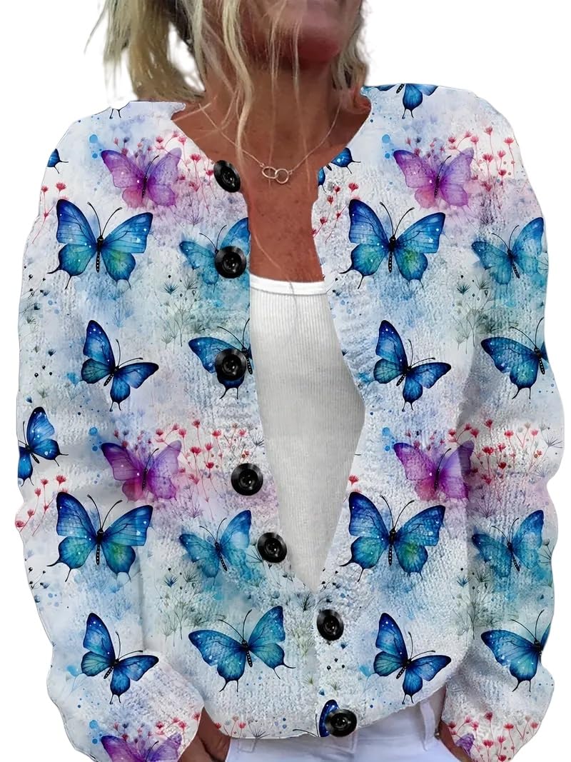 Womens Plus-Size Butterfly Cardigan Bohemian Long Sleeve Open Front Lightweight Sweater for Fall and Winter
