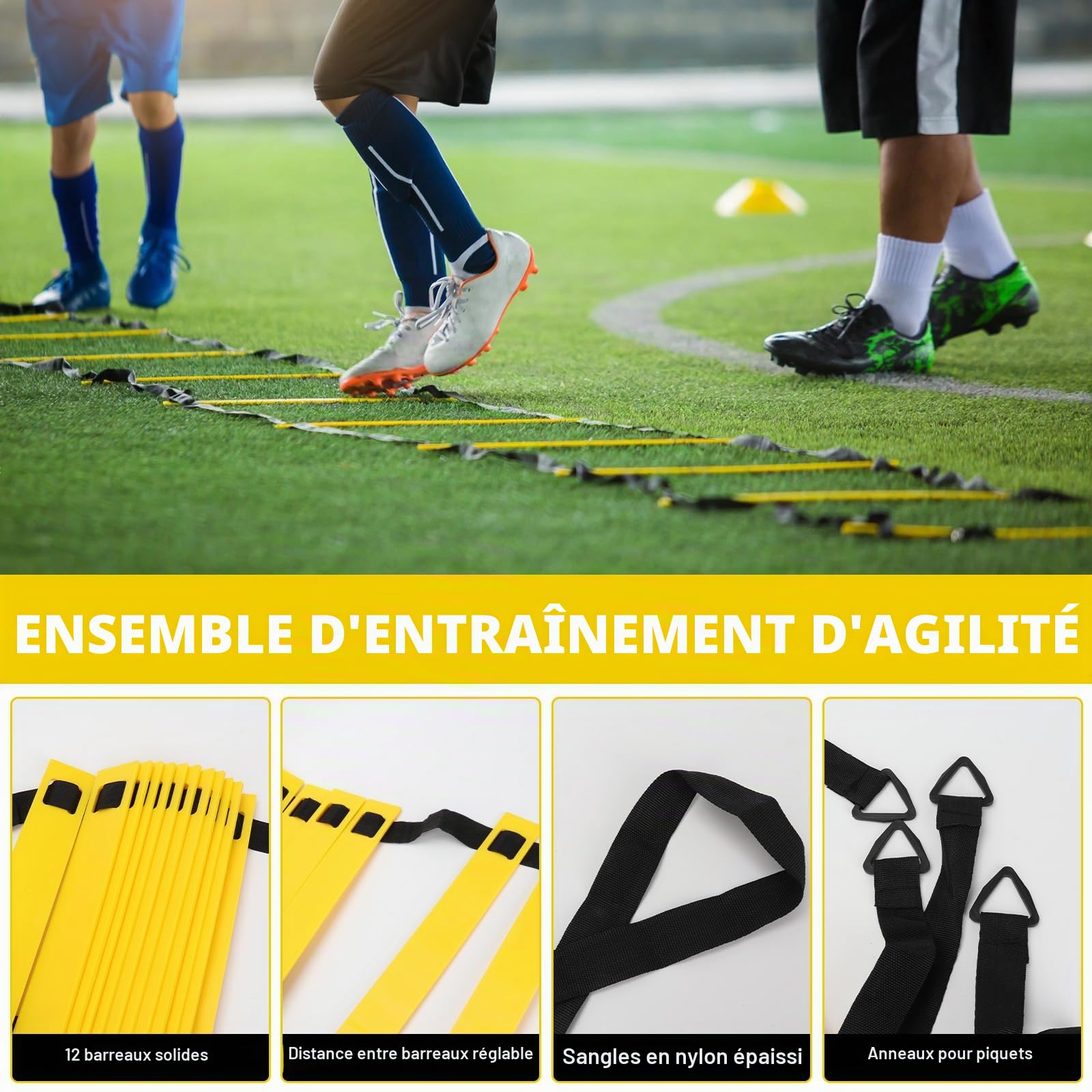LangRay Kit d'entraînement de Football, Échelle de Rythme 6m, 12 Cônes de Disque, 1 Corde à Sauter, 1 Kick Entraîneur Solo, 5 Bandes de Résistance, Cadeau de Football pour Enfants et Adultes