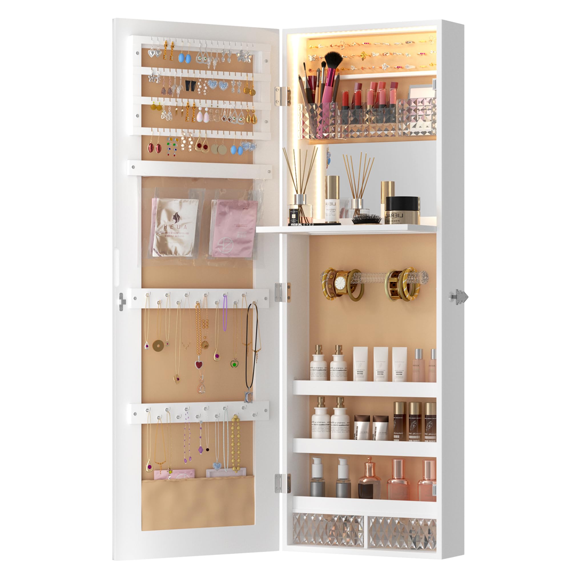 Amazon|LVSOMT 姿見鏡 LED 全身鏡 壁掛け ドアけ2WAY ミラー 収納付き