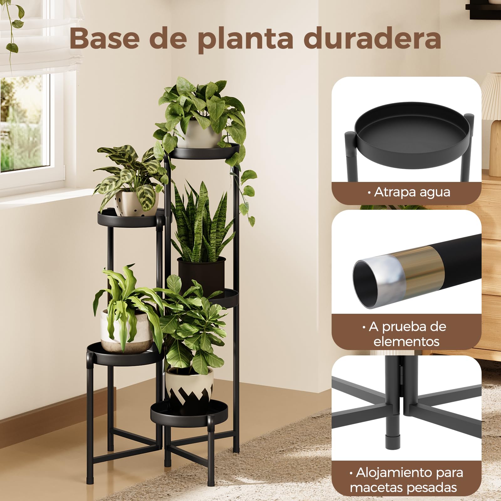 Bamworld Soporte Plantas Interior y Exterior de Metal Negro para Múltiples Plantas ,Estantería Metálica Plegable 5 Niveles para Jardín, Balcón, Patio | Estanterías Metálicas, Jardineras de Balcón