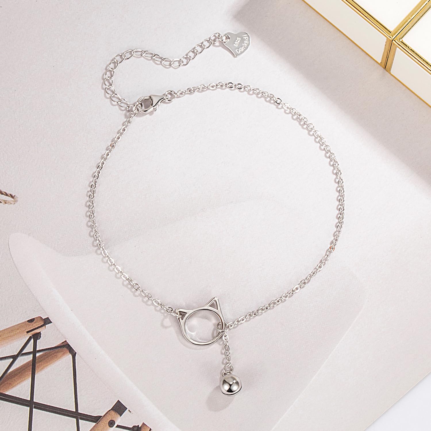 Dankadi Bracelet avec Petit Chat Grelot en 925 Argent, 20CM 27CM Réglable Bracelet de Poignet Cheville Breloque Animal Pied Été Plage Élégant Anniversaire Cadeau de Bijoux pour Femme Amie