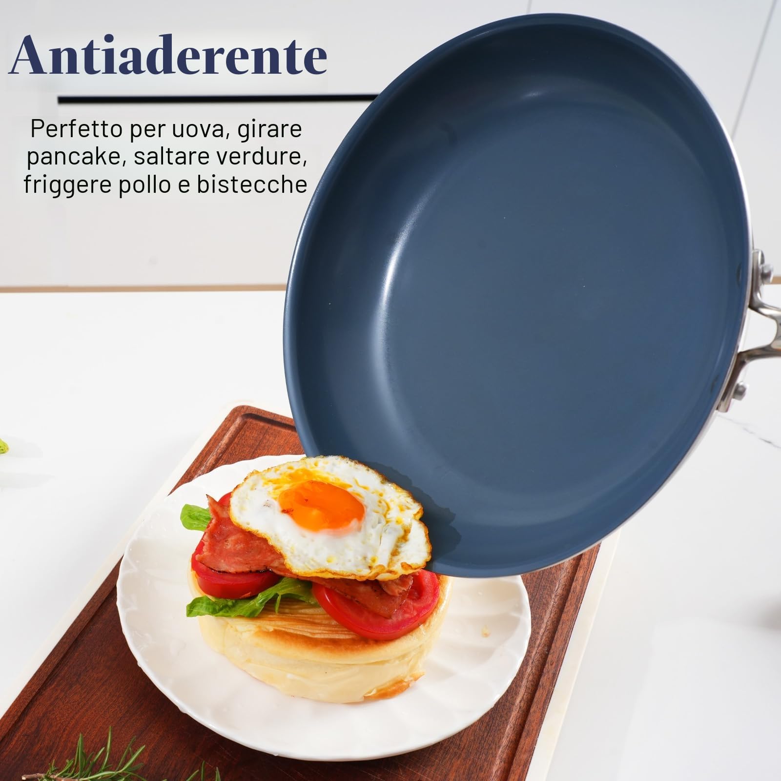 Padella antiaderente in acciaio inox da 26 cm, con rivestimento in ceramica sano, non tossico e coperchio, senza PTFE, PFAS, PFOA, adatta per fornelli a induzione, elettrici e a gas, lavabile in.