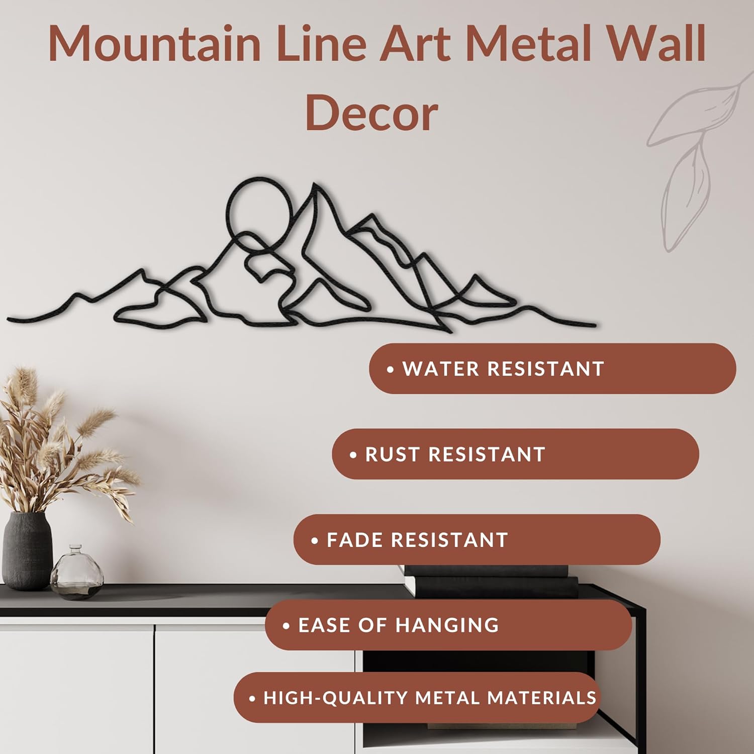 Mountain Line Art Metal Wall Decor – Minimalist Mountain Silhouette Wall Hanging for Living Room Bedroom or Office – Modern Black Powder Coated Steel – Handmade Wall Sculpture (23,6x6,3 inches / 60x16 cm)