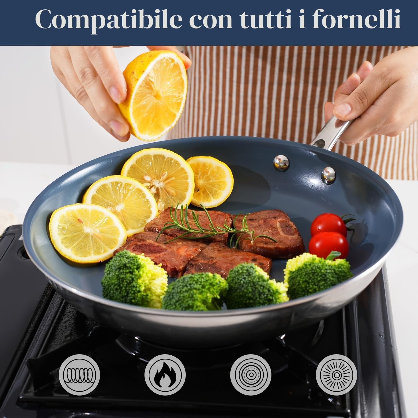 Padella antiaderente in acciaio inox da 26 cm, con rivestimento in ceramica sano, non tossico e coperchio, senza PTFE, PFAS, PFOA, adatta per fornelli a induzione, elettrici e a gas, lavabile in.
