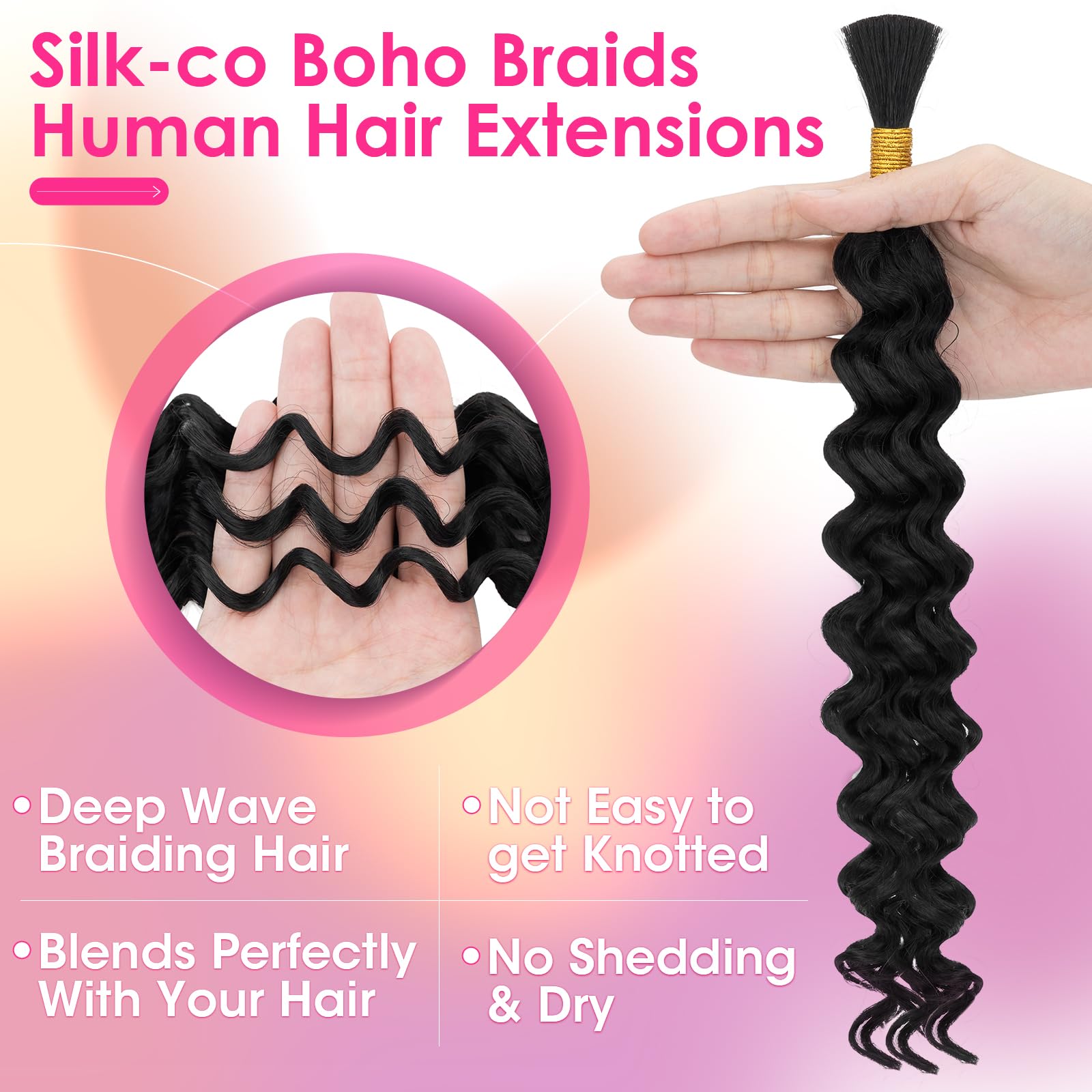 Silk-co Boho Braids Extension Capelli Veri No Weft Bulk Tessitura Matassa Ricci Deep Wave 45cm 50g/pack #1B Nero Naturale