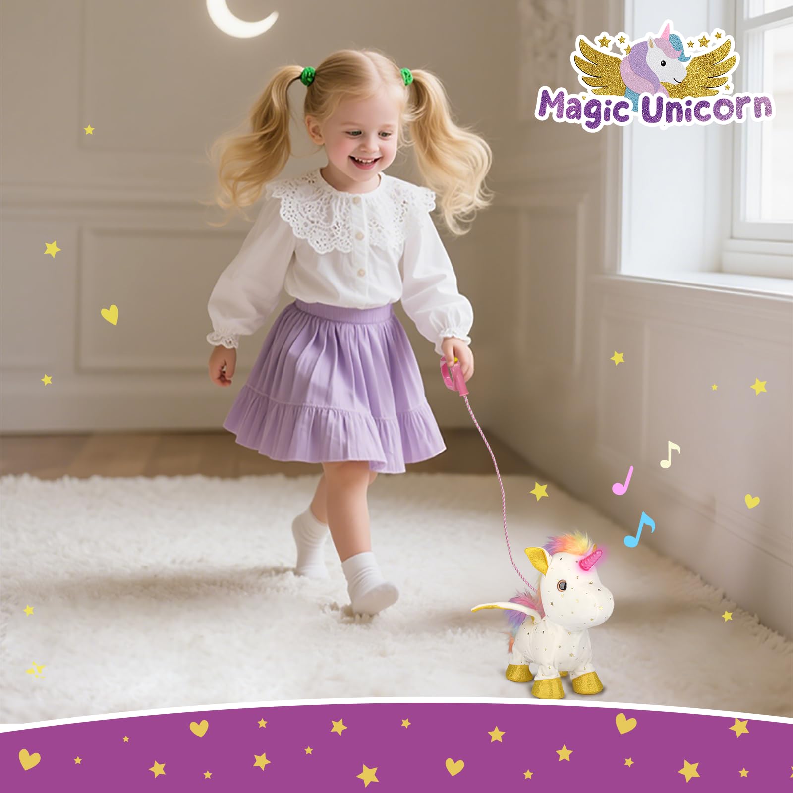 Jouets cadeau licorne pour filles de 4 à 6 ans, peluche licorne interactive lumineuse qui marche, laisse avec télécommande, peluche électronique avec lumières, rythmes musicaux et ailes mobiles