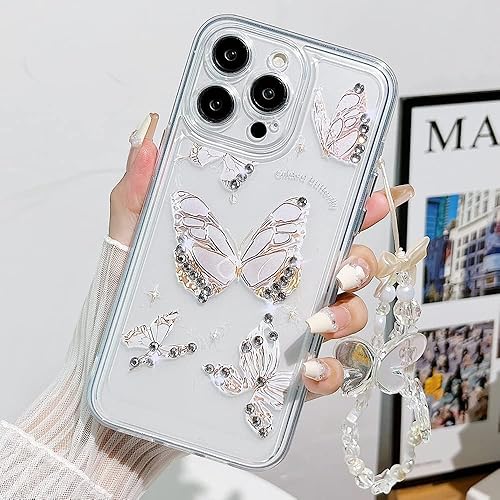 Miniatura 2 de Casechics Compatible con funda para iPhone, de lujo, transparente, con bonito diseño de mariposa, correa para pulsera, cadena, transparente, suave,