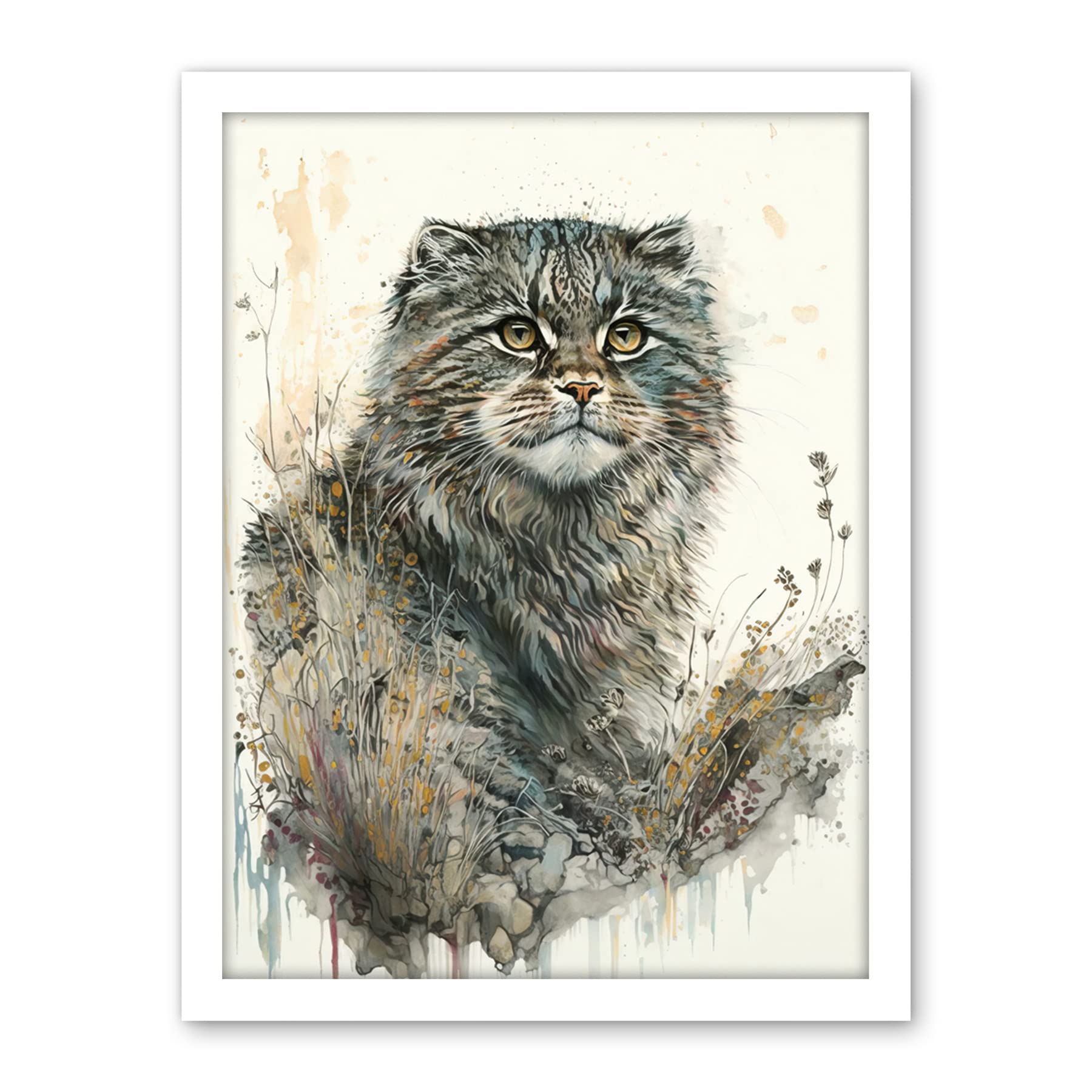 Artery8 Manul Pallas Cat Portrait in Wildflowers Watercolour Illustration Artwork Framed Wall Art Print 18X24 Inch