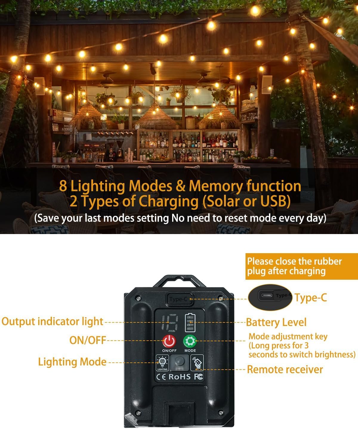 lP68 Cadena de luces LED para exteriores, bombillas G40, plástico ABS, cadena de luces para exteriores, solar, resistente al agua, para romántico, jardín, balcón (solar, 20 m, 34 bombillas)