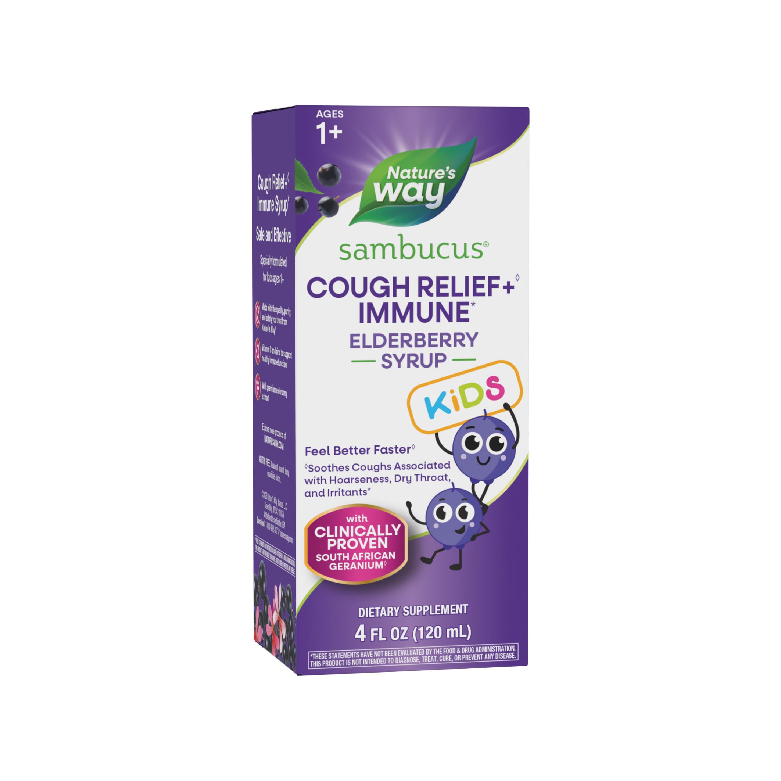 Nature’s Way Sambucus Kids Cough Relief +(1) Immune Syrup*, Feel Better Faster(1), Clinically Proven South African Geranium, with Elderberry Extract, Vitamin C & Zinc, Gluten Free, Vegan, 4 Fl Oz