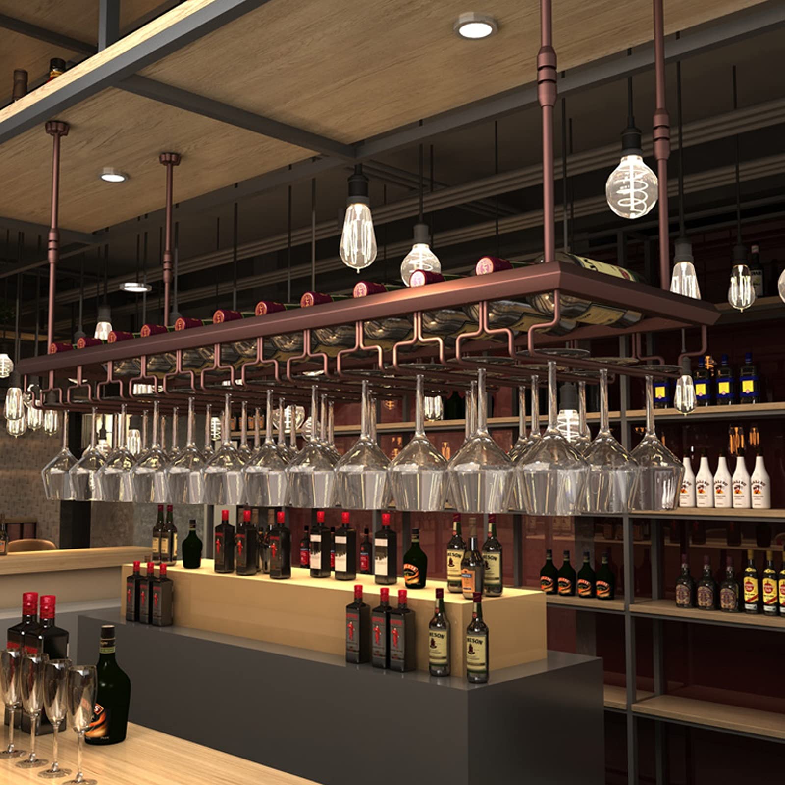Support de verre à vin de comptoir suspendu à l'envers et étagère stockage porte-vin