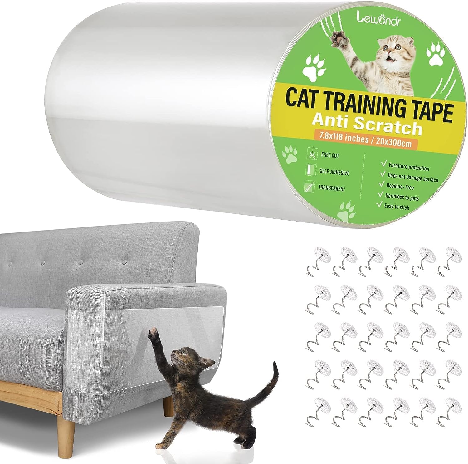 LewondrAnti-Scratch Cat Deterrent Tape, 7.87x118 Inches Transparent Clear Furniture Protector, Single Side Training Tape With 30 Pins for Couch, Carpet, Doors
