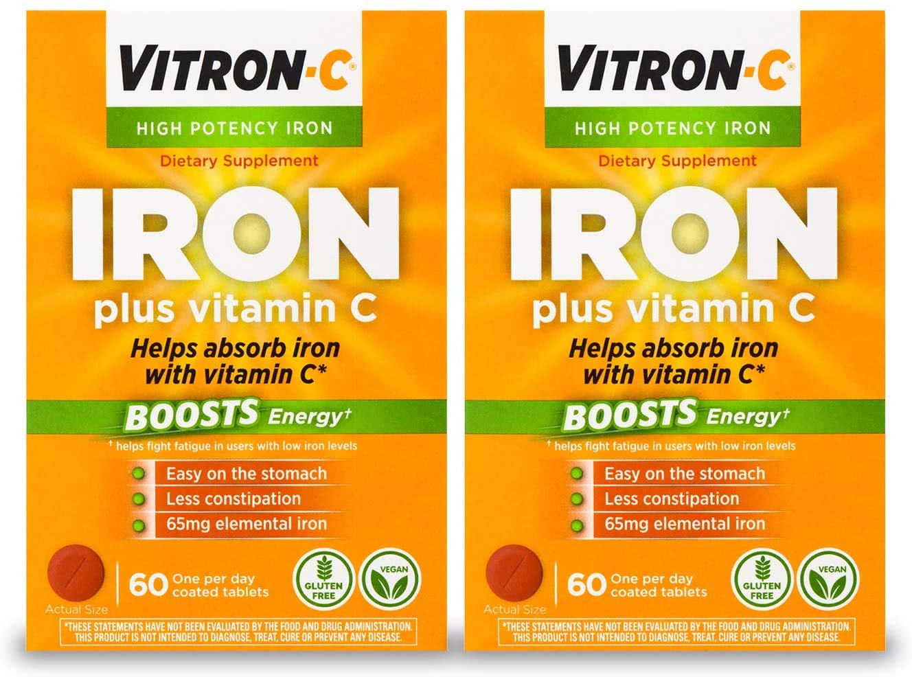 Vitron-C High Potency Iron Supplement with 125 mg Vitamin C, 60 Count | Pack of 2