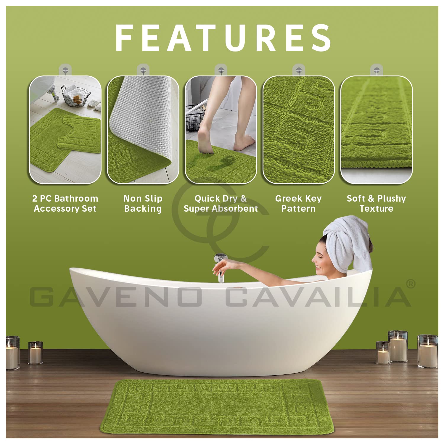 Gaveno Cavalia Greek 2 Piece Bath Set, Bath Mat 50 x 80 cm, Pedestal Mat 50 x 40 cm - Green, 50 x 75 cm (Rectangular) - Image 3