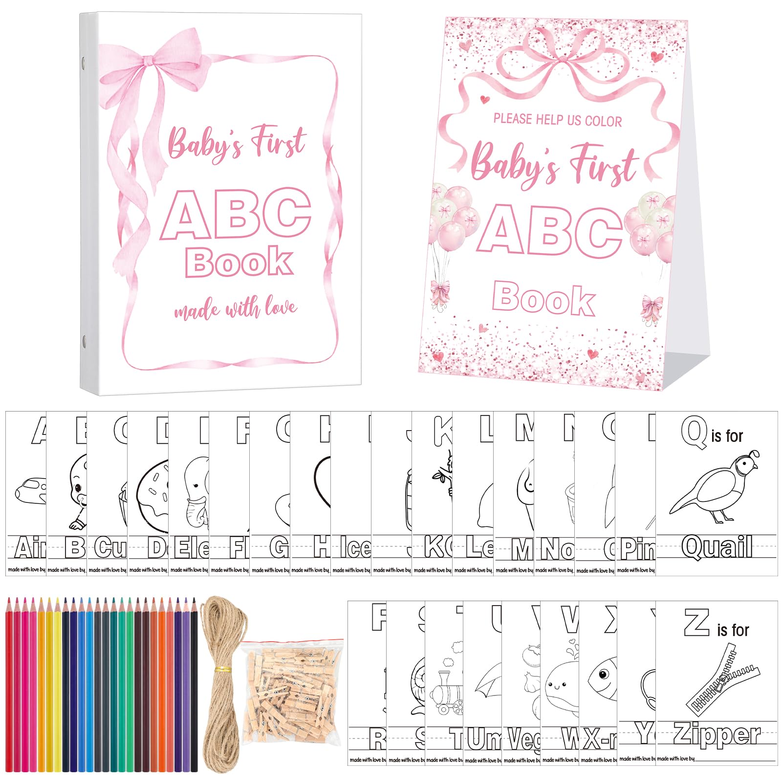 Pink Bow First Abc Book Baby Shower Attività Keepsake per adulti Baby Shower Abc Coloring Guest Book Alternativa 26 Alfabeto dalla A alla Z Carta da colorare con 24 matite 60 Mollette