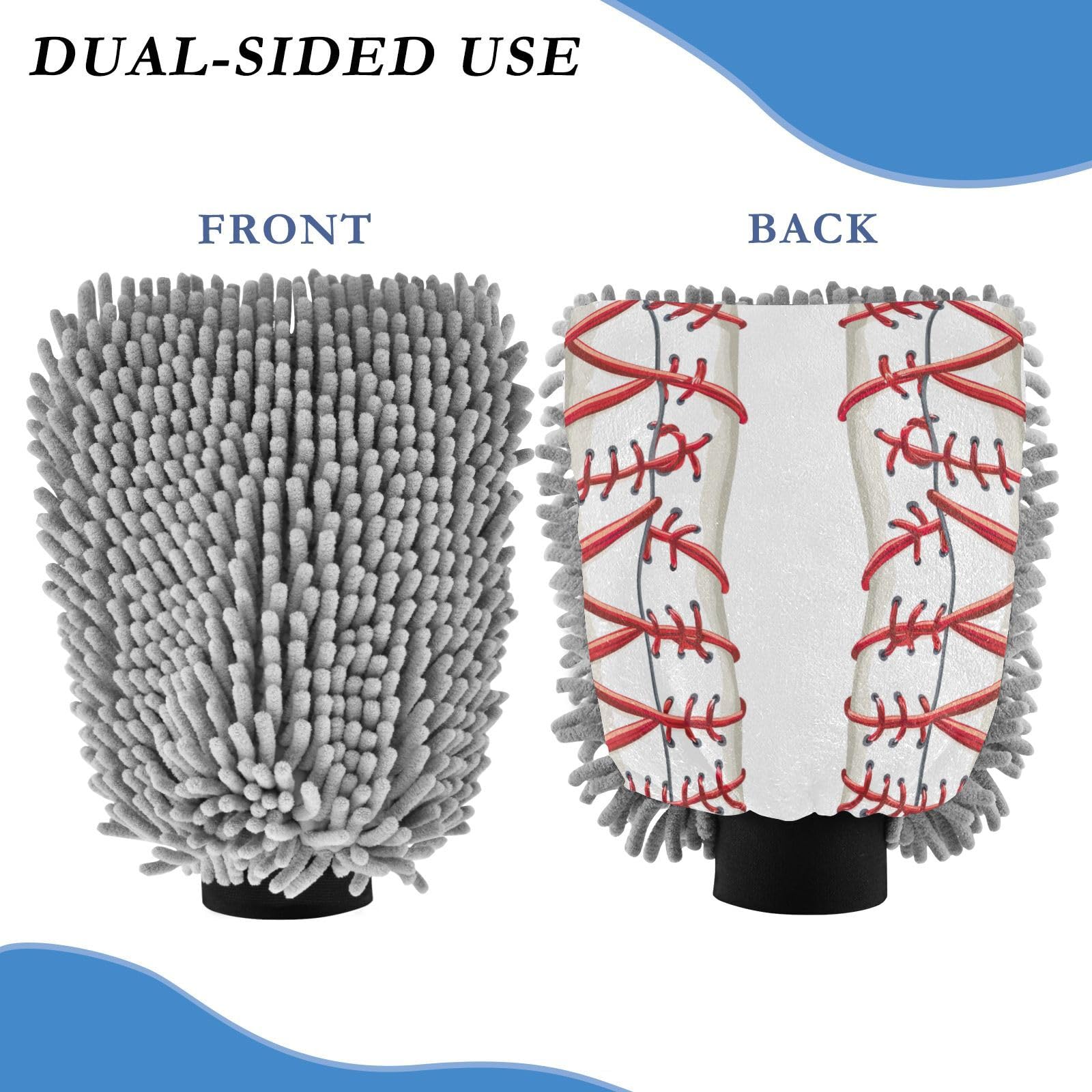Kigai Baseball Stripes Car Wash Mitt Microfiber, 2Pcs Scratch Free Lint-Free, Premium Chenille Microfiber Mitt Car Wash Brush-M