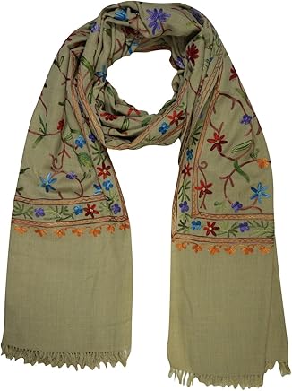 Mogul Women Wool Shawl Wrap Kashmiri Crewel Floral Embroidered Ethnic Scarves Stole (Beige 3)