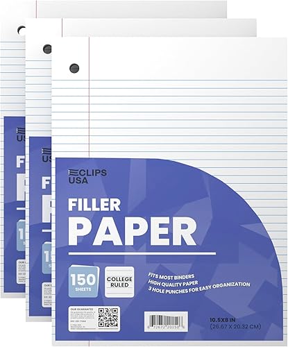 Papel para cuaderno, papel de hojas sueltas, papel rayado universitario, 10.5 x 8 pulgadas, papel de relleno, 1.98 ozm, 150 hojas por paquete, 450
