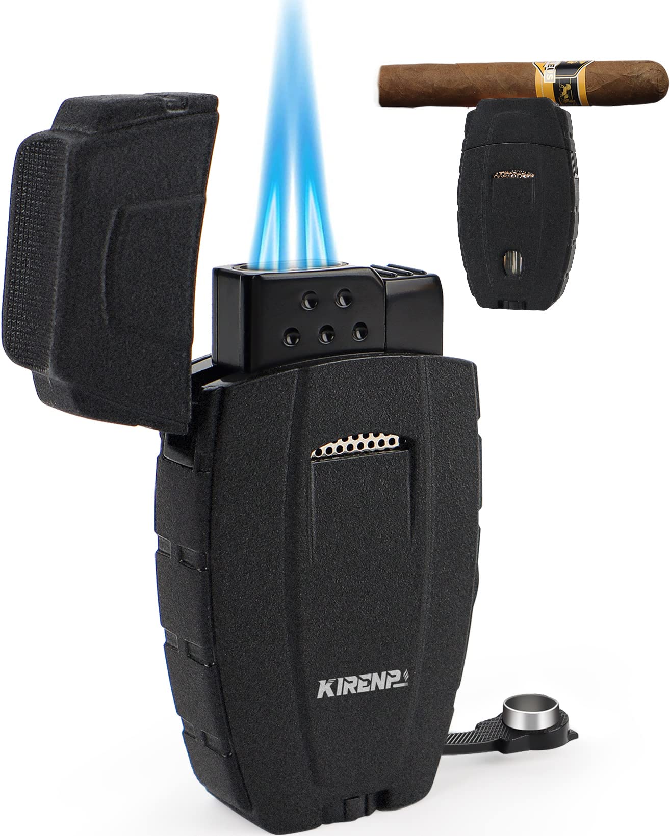 Dual Jet Flame Cigar Lighter With Built-In Punch & Holder - Windproof Butane Lighter In Gift Box
