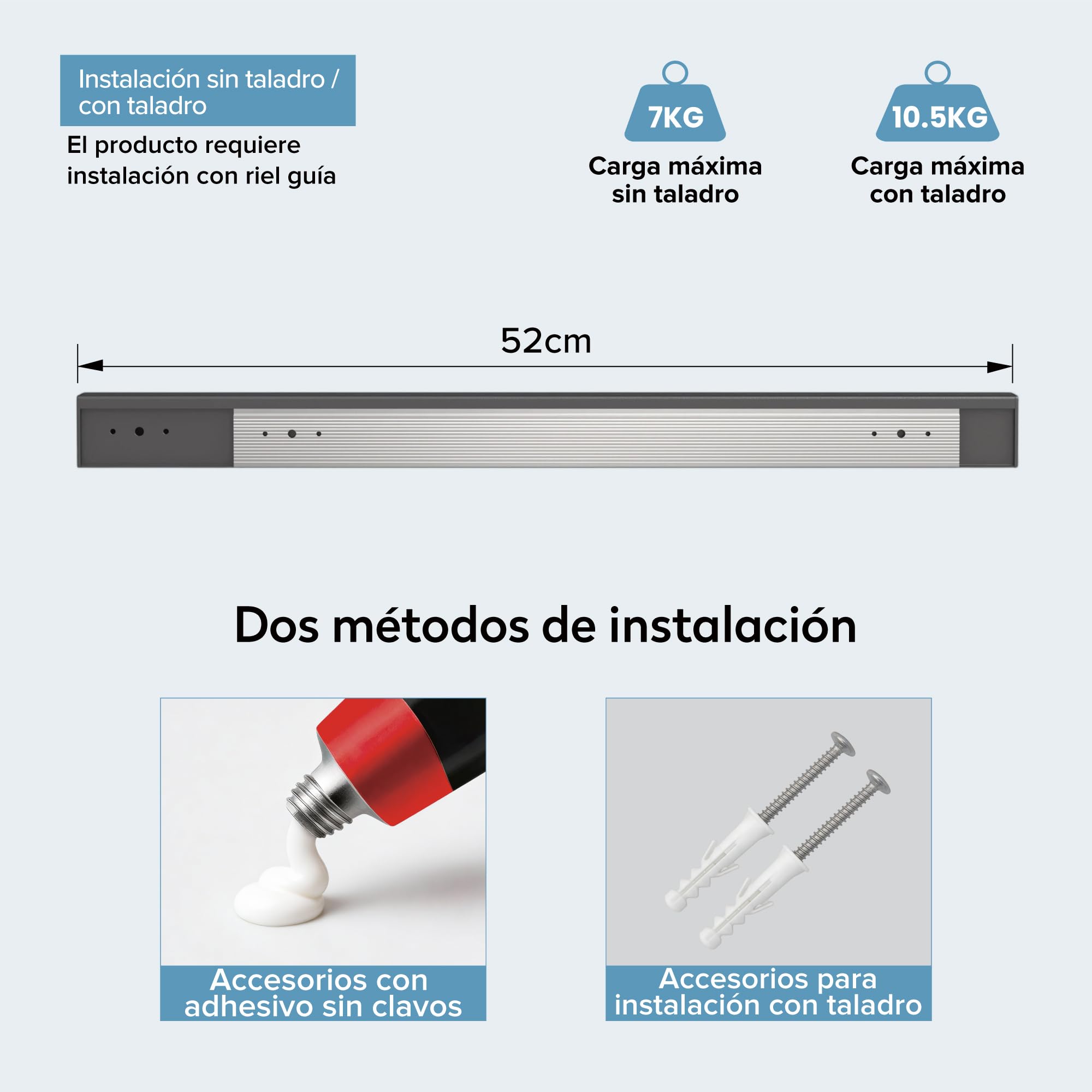 doporro Estante de Cocina Gris con Riel de Aluminio 52 cm, Organizador en Acero Galvanizado Desmontable, con Estante de Especias, Soporte para Papel, Portautensilios y Ganchos