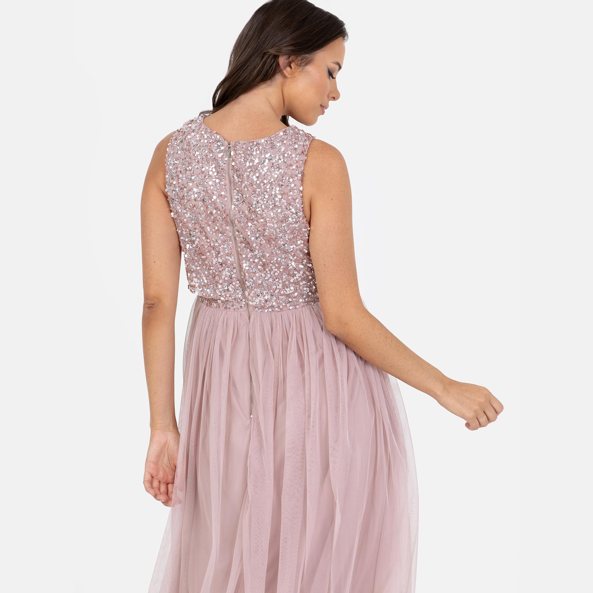 Maya Deluxe Womens Ladies Maternity Dress for Pregnant Wedding Guest Midaxi Sleeveless Sequin Embellished Tulle Crew Neck Bridesmaid Vestito da Damigella d'Onore Donna (Pacco da 1)