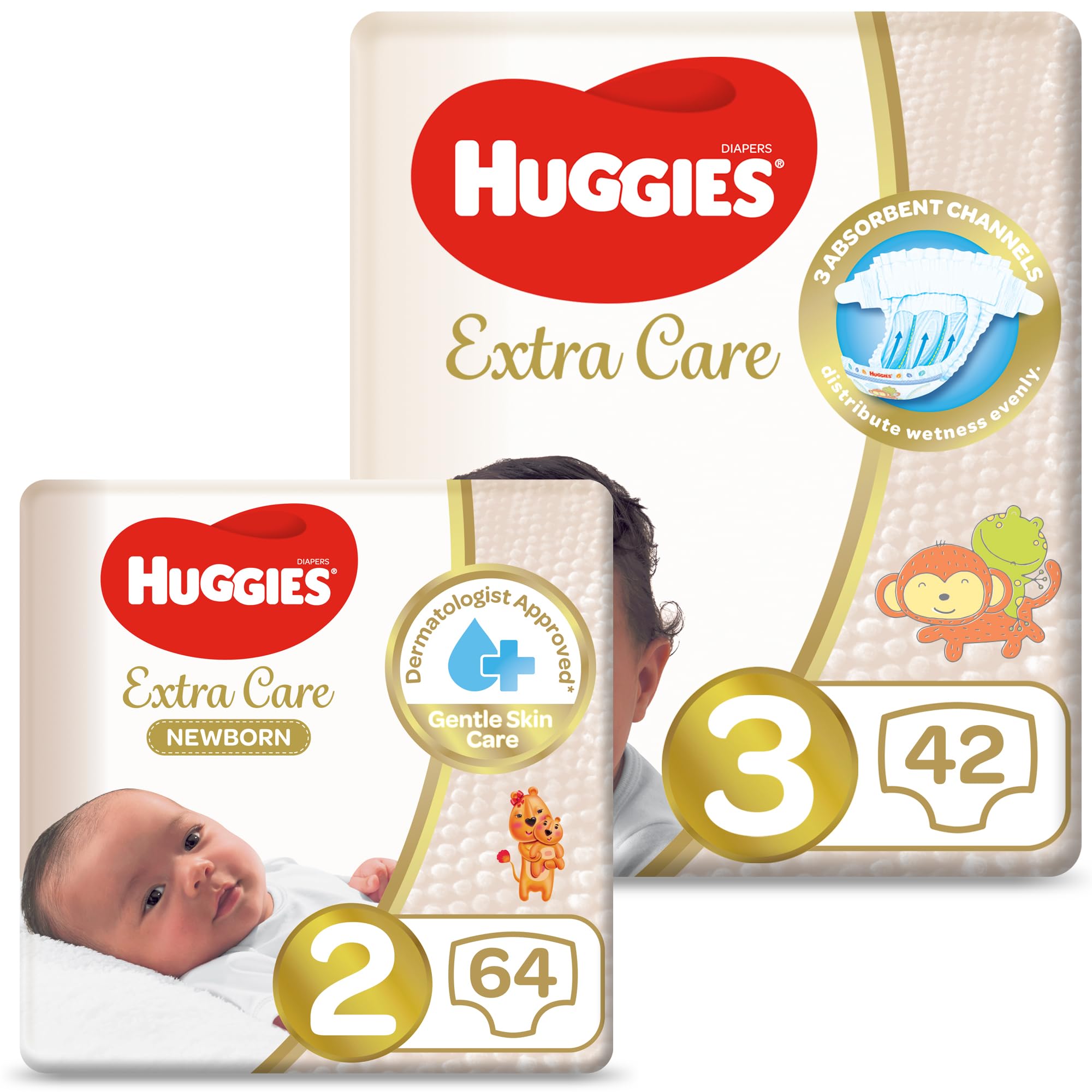 HUGGIESExtra Care Upsize Pack (Size 2-64 Diapers) and (Size 3-42 Diapers)-128 Diapers