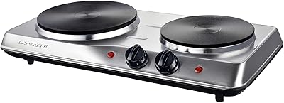 OVENTE Electric Countertop Double Burner, 1700W Cooktop with 7.25" and 6.10" Cast Iron Hot Plates, Temperature Control, Portable Cooking Stove and Easy to Clean Stainless Steel Base, Silver BGS102S