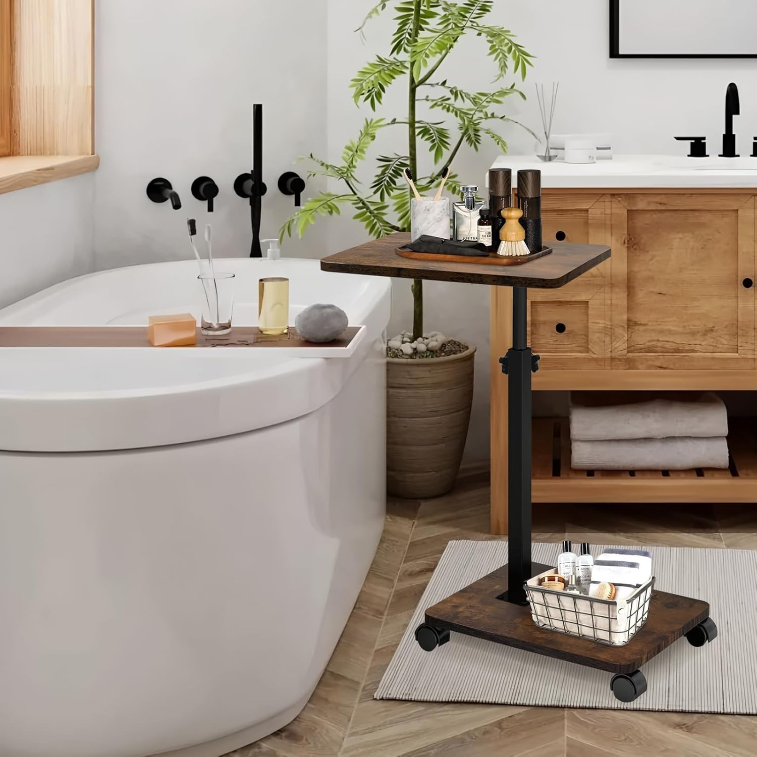 Tavolino a forma di C, in metallo, moderno, regolabile in altezza con ruote, piccolo, laterale, da letto, comodino, per soggiorno, camera da letto, bagno