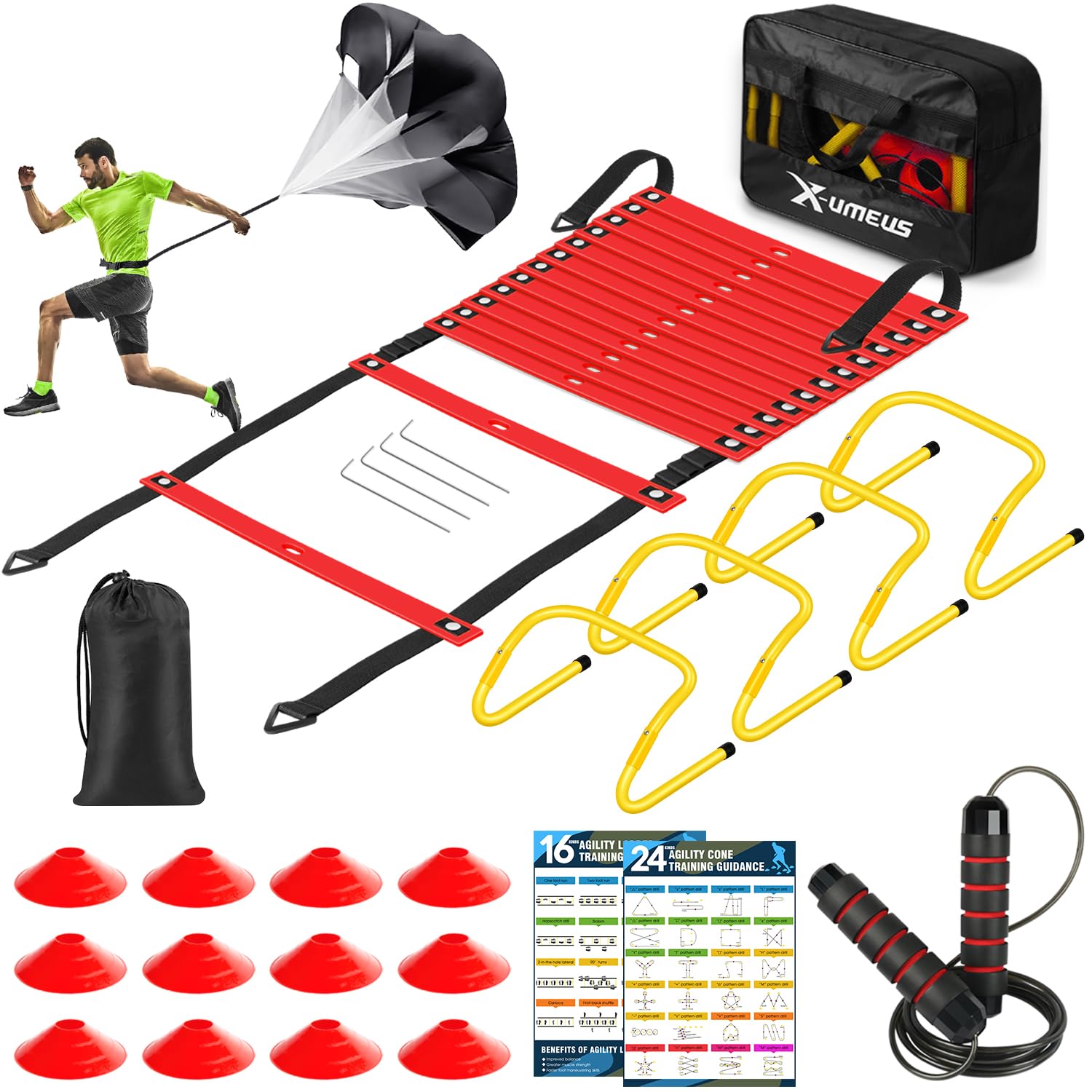 Agility Ladder Speed Training Equipment Set-20ft Agility Ladder,12 Soccer Cones,4 Hurdles, Jump Rope, Running Parachute| Basketball Football Soccer Training Equipment for Kids Youth Adults