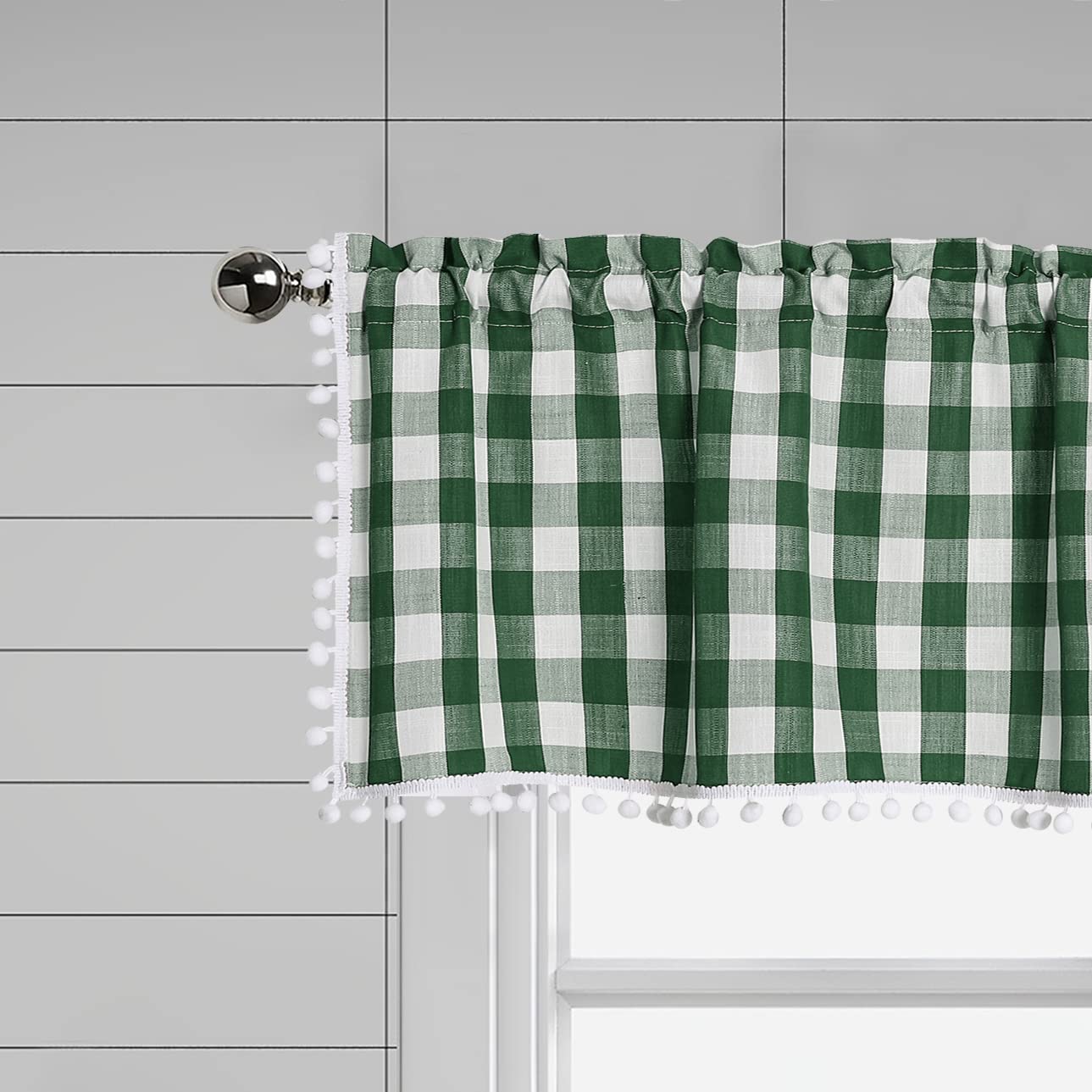 Green Buffalo Plaid Check Valance Curtains, Gingham Rod Pocket Pom Pom Design Thick Yarn Dyed Kitchen Curtains for Bathroom Living Room Cafe Window, 56" x 16", Green/White