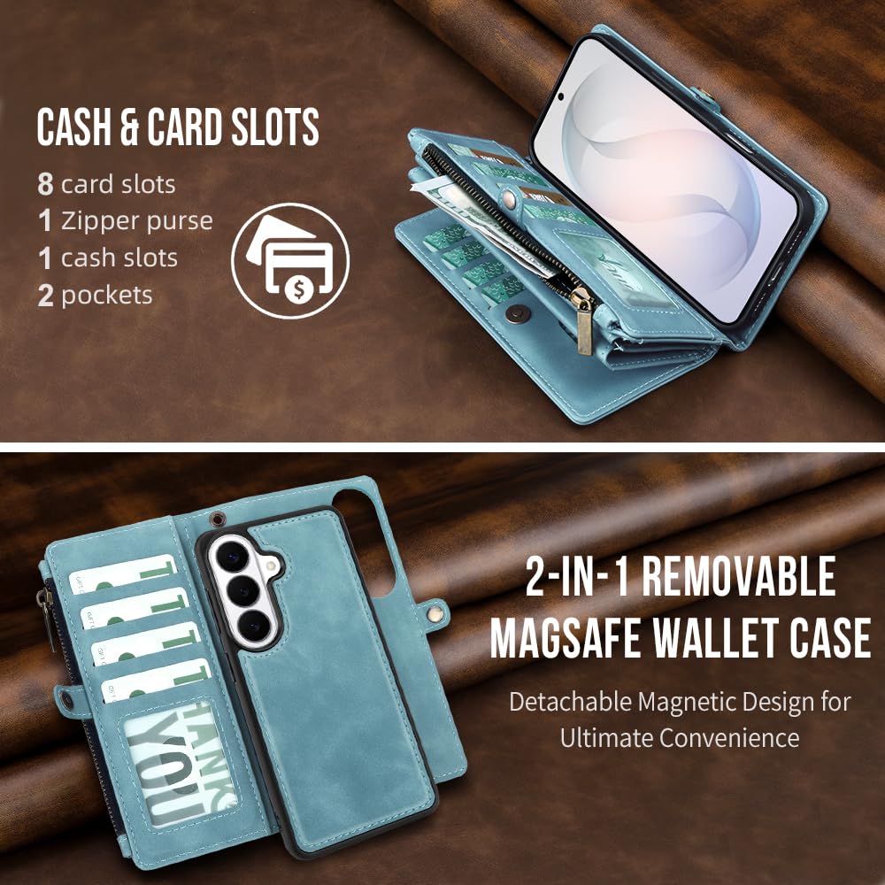 Custodia a portafoglio magnetica per Samsung Galaxy S26 Plus, blu | Custodia a libro 2 in 1 in pelle PU staccabile, porta carte di credito con blocco RFID, tasca con cerniera