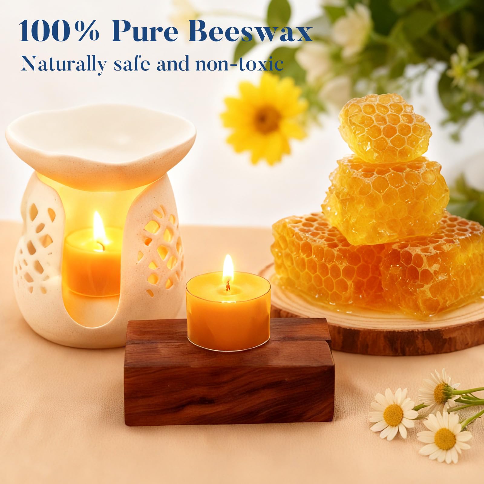 Crenovo Velas de té de cera de abeja, 8 horas de duración, no tóxicas, velas de té a granel sin perfume, cera de abeja natural 100% pura para relajación en el hogar, velas de té amarillas limpias sin