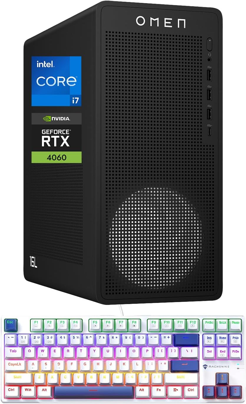 HP OMEN 16L i7 RTX 4060 Pro Gaming Desktop, Intel i7-14700F(Beats i9-12900F), NVIDIA RTX 4060, 32GB DDR5 RAM, 1TB SSD, DP, RJ-45, Wi-Fi 6, Bundle with Machenike K500B-B87 Gaming Keyboard HP OMEN 16L i7 RTX 4060 Pro Gaming Desktop, Intel i7-14700F(Beats i9-12900F), NVIDIA RTX 4060, 32GB DDR5 RAM, 1TB SSD, DP, RJ-45, Wi-Fi 6, Bundle with Machenike K500B-B87 Gaming Keyboard