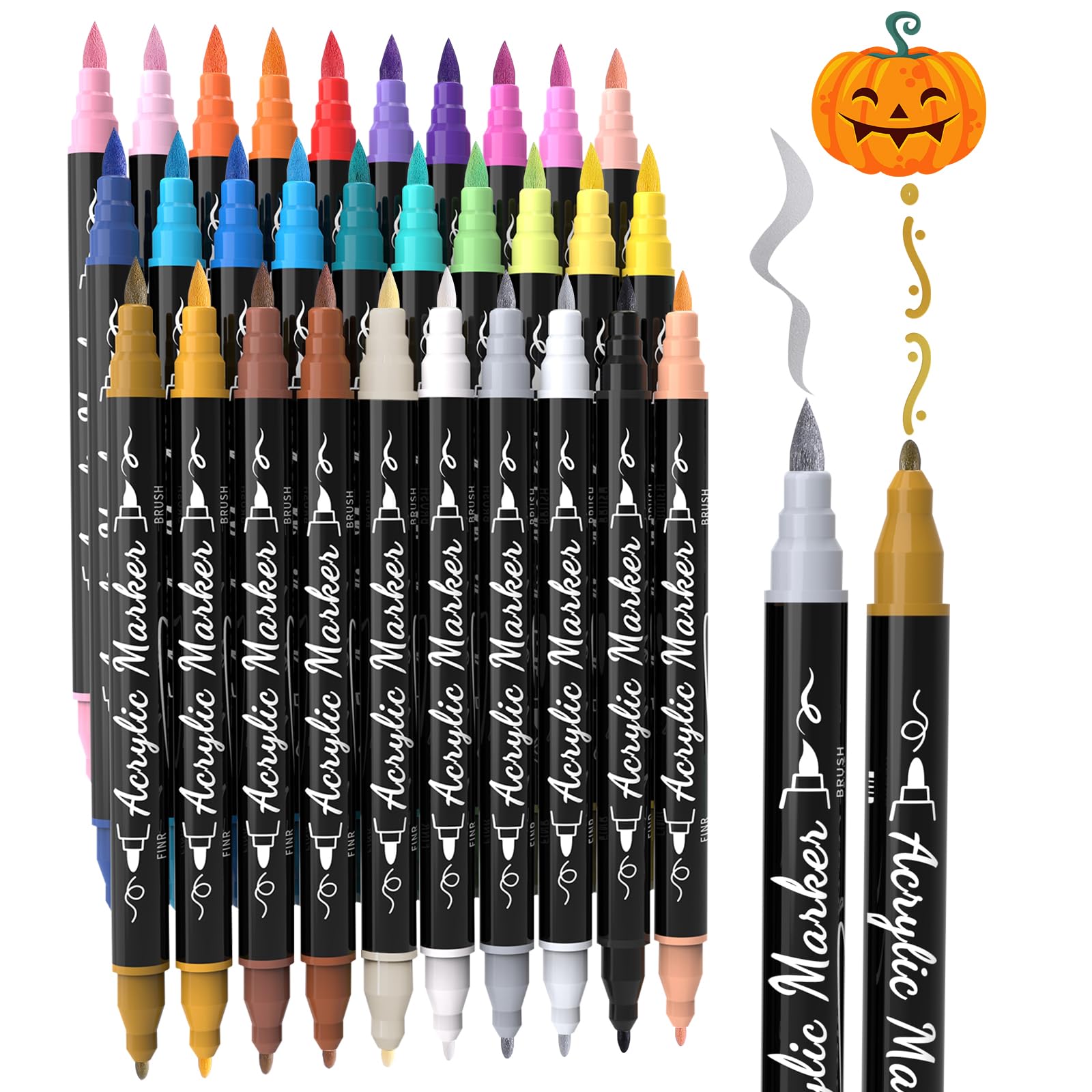 30 colors acrylic paint pens markers waterproof dual tip acrylic marker set with brush & fine tip kid markers for rock painting wood scrapbook fabric glass ceramic diy craft art supplies