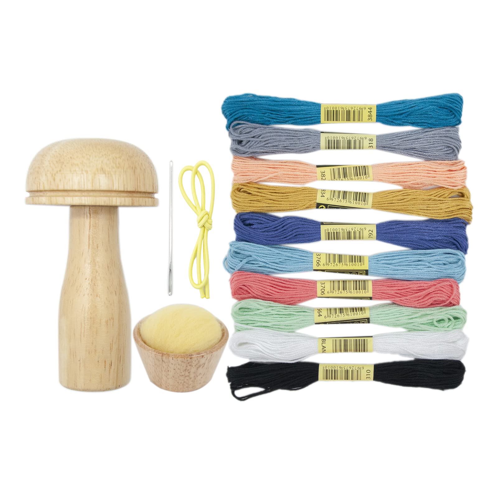 NEWFT Wooden Darning Mushroom Tool Set with Ten-color for Cross Threads for Adults & Kids Handicraft Sewing Mushroom Wooden Darning Sewing Tool Repair Make Mending with Set