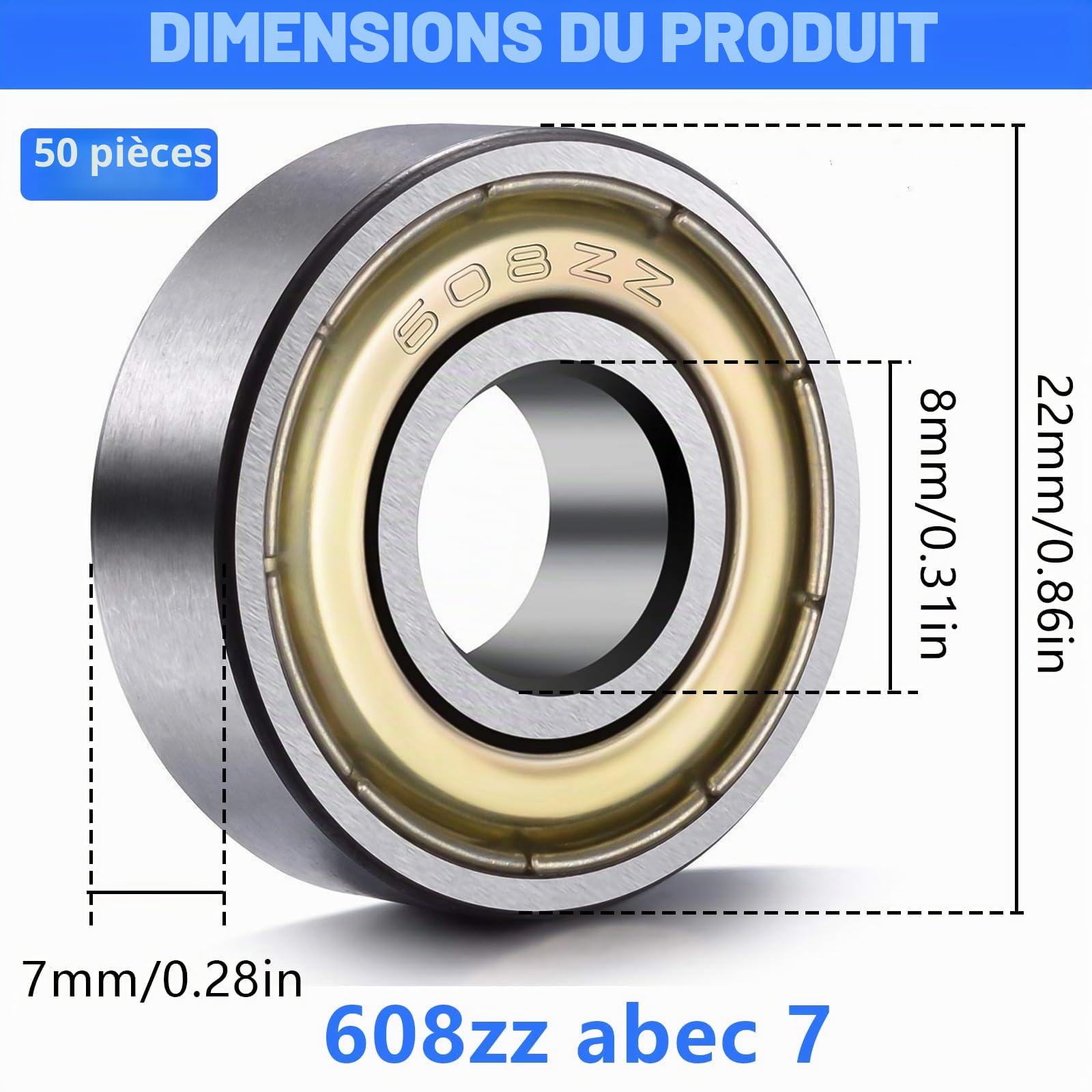 50 Pièces Roulement 608ZZ, 8x22x7mm Roulements à Billes 608 ZZ Roulements Métal Double Blindage Roulement pour Skateboards, Rollers, Rollers en Ligne