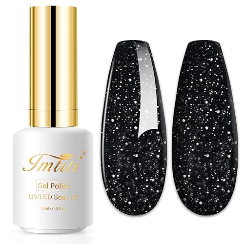 Imtiti Esmalte de uñas en gel con purpurina, 0.5 onzas líquidas, esmalte de gel con purpurina negra, esmalte de uñas en gel Soak Off LED U V,