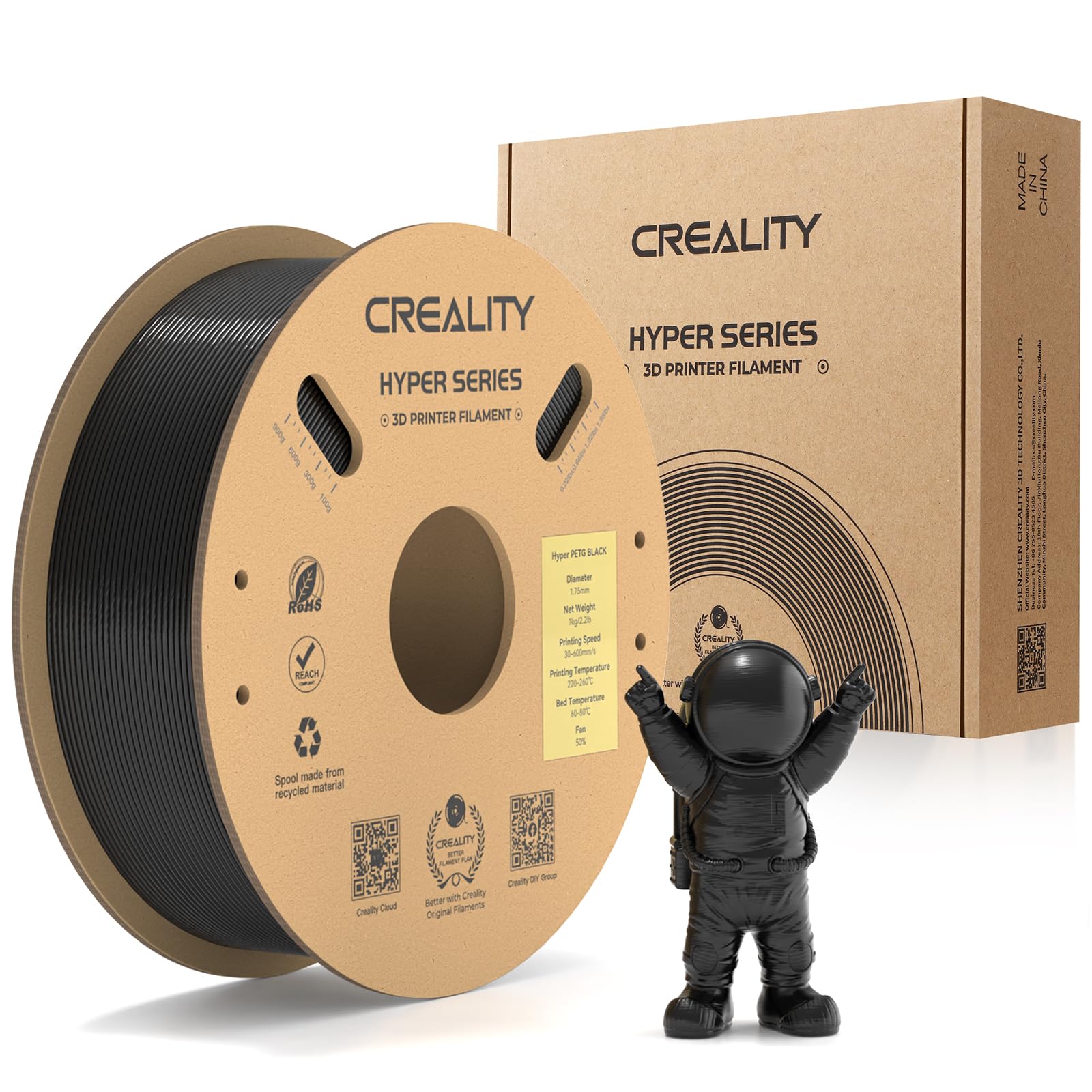Filamento Creality Hyper PETG, Filamento Nero 1,75 mm Hyper PETG 1KG, Filamento per Stampante 3D PETG Precisione Dimensionale +/- 0,03 mm, Adatto Alla Maggior parte Delle Stampanti 3D