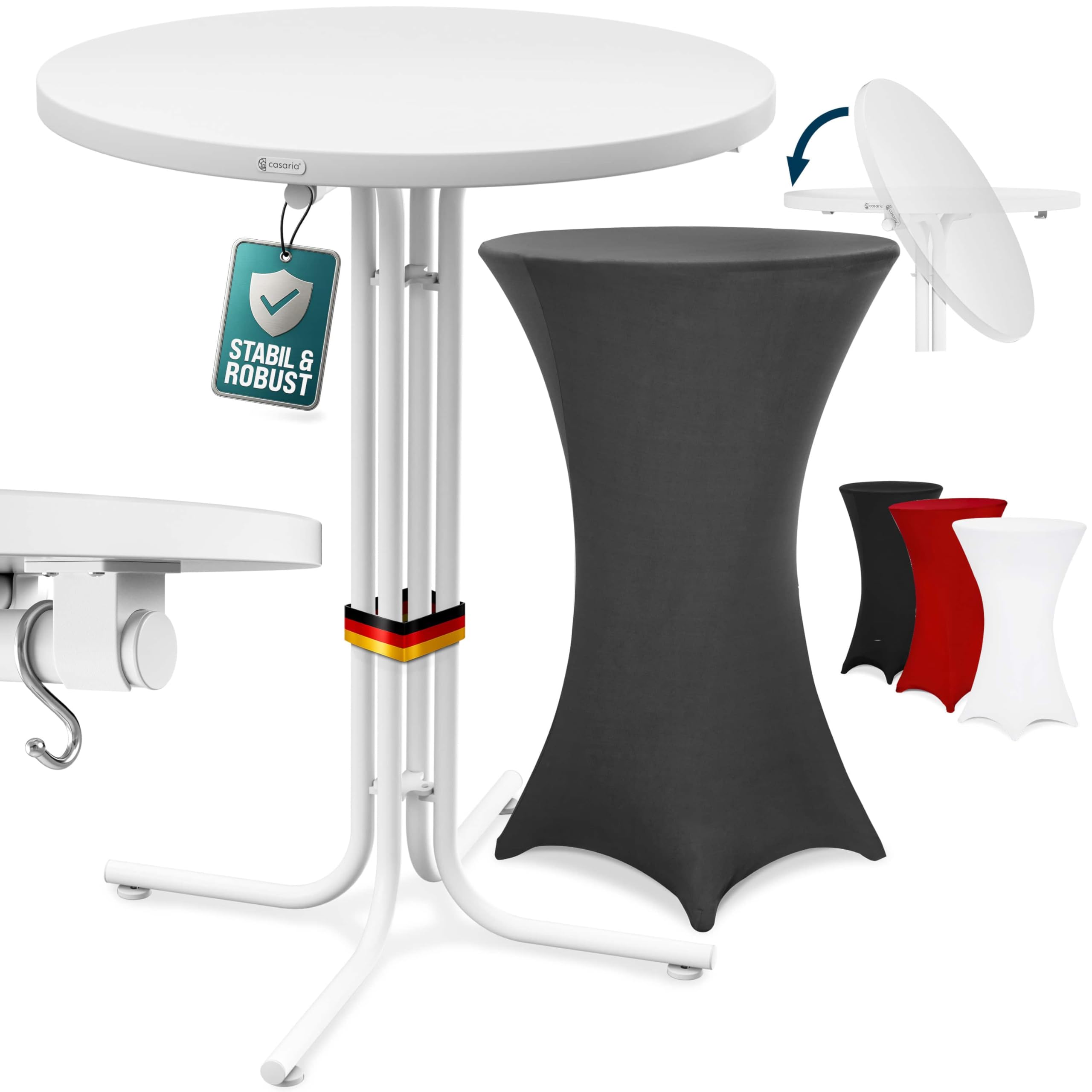 Casaria® Table Haute Pliable Blanche avec Housse Grise Mange Debout 110 cm Bar bistrot Jardin 2 Crochets Inclus