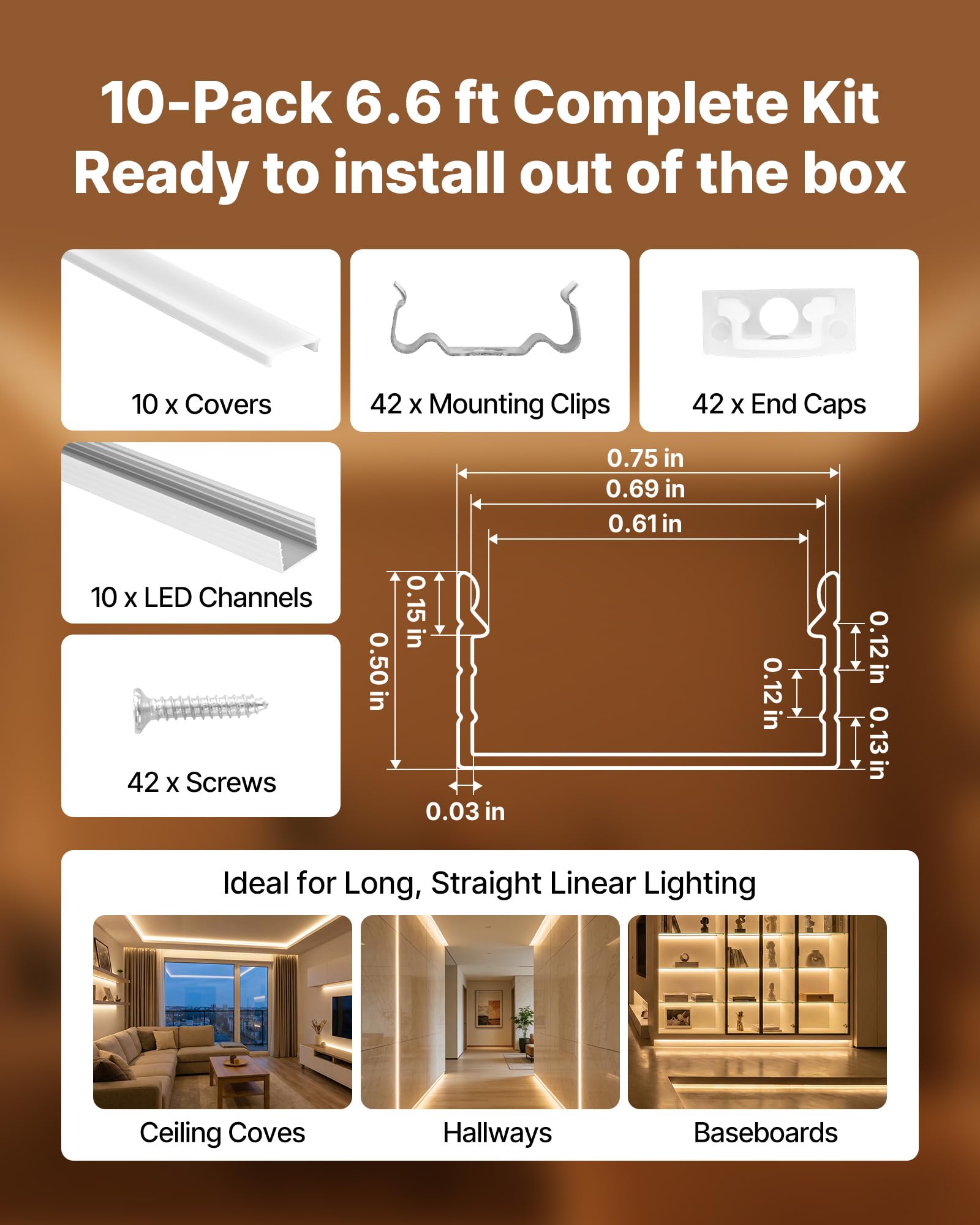 VEVOR Set di Profili per Strisce LED in Alluminio 10 pezzi a Forma di U Lunghezza 2 m, 10 Canali per Luci LED Sottopensile da Cucina Illuminazione con Diffusore in PC Opalino, Canali Protezione Luci