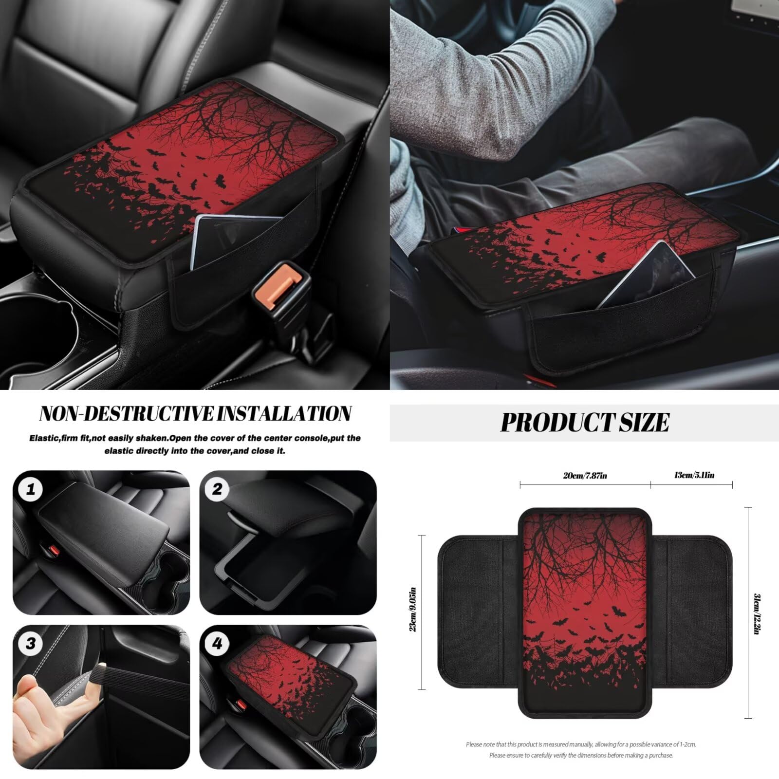 Set completo di coprisedili per auto con stampa di pipistrelli, coprisedili con schienale alto, coprivolante, console centrale, braccioli imbottiti, cuscinetti per cinture di sicurezza